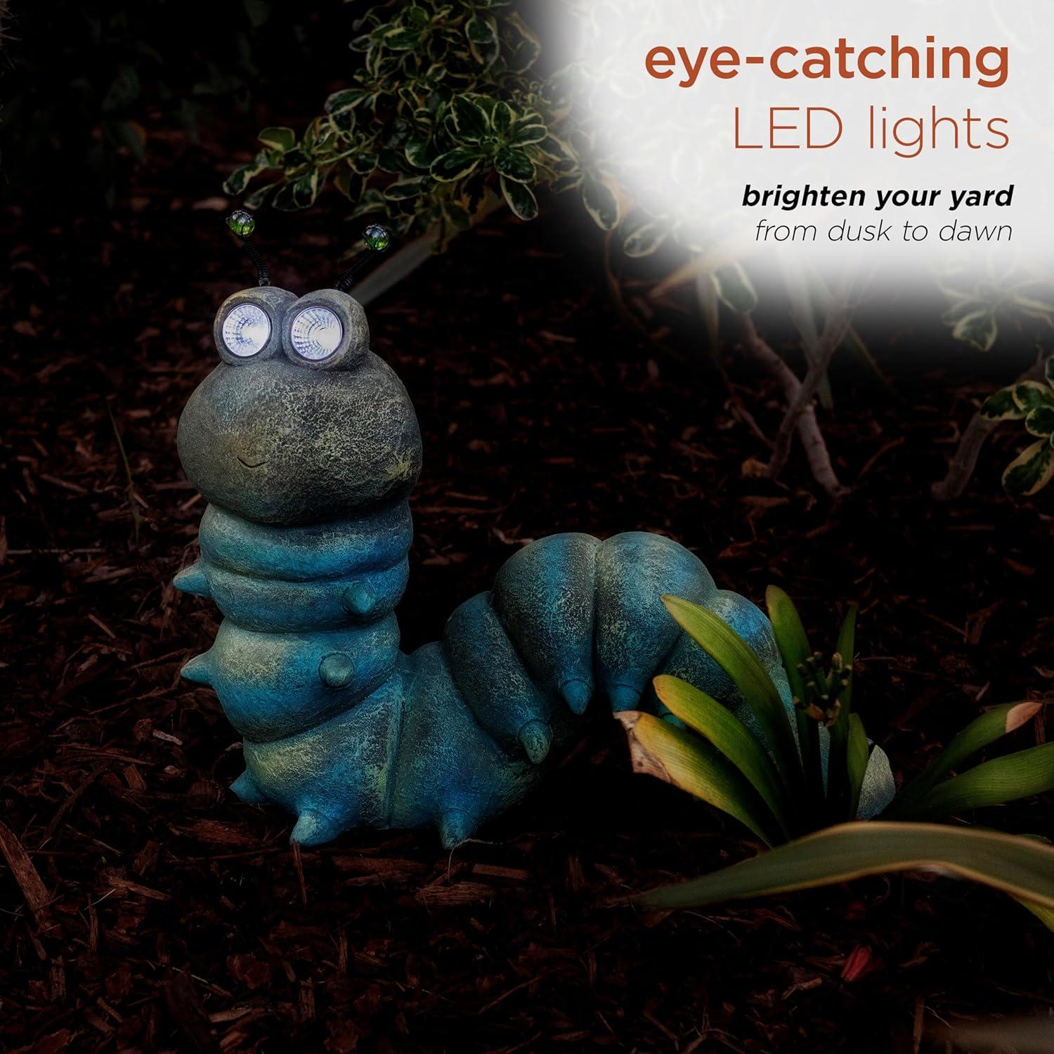 16-inch Green Solar-Powered Caterpillar Garden Statue with LED Eyes