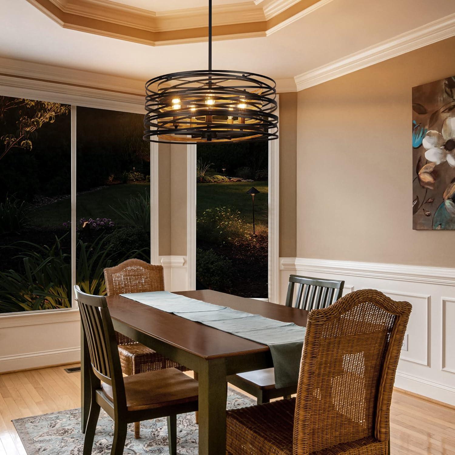 Dining Room Lighting Fixture, 5-Light Farmhouse Black Chandelier Drum Light, Round Metal with Retro Wood Texture Interior, E12 Bulbs Not Included