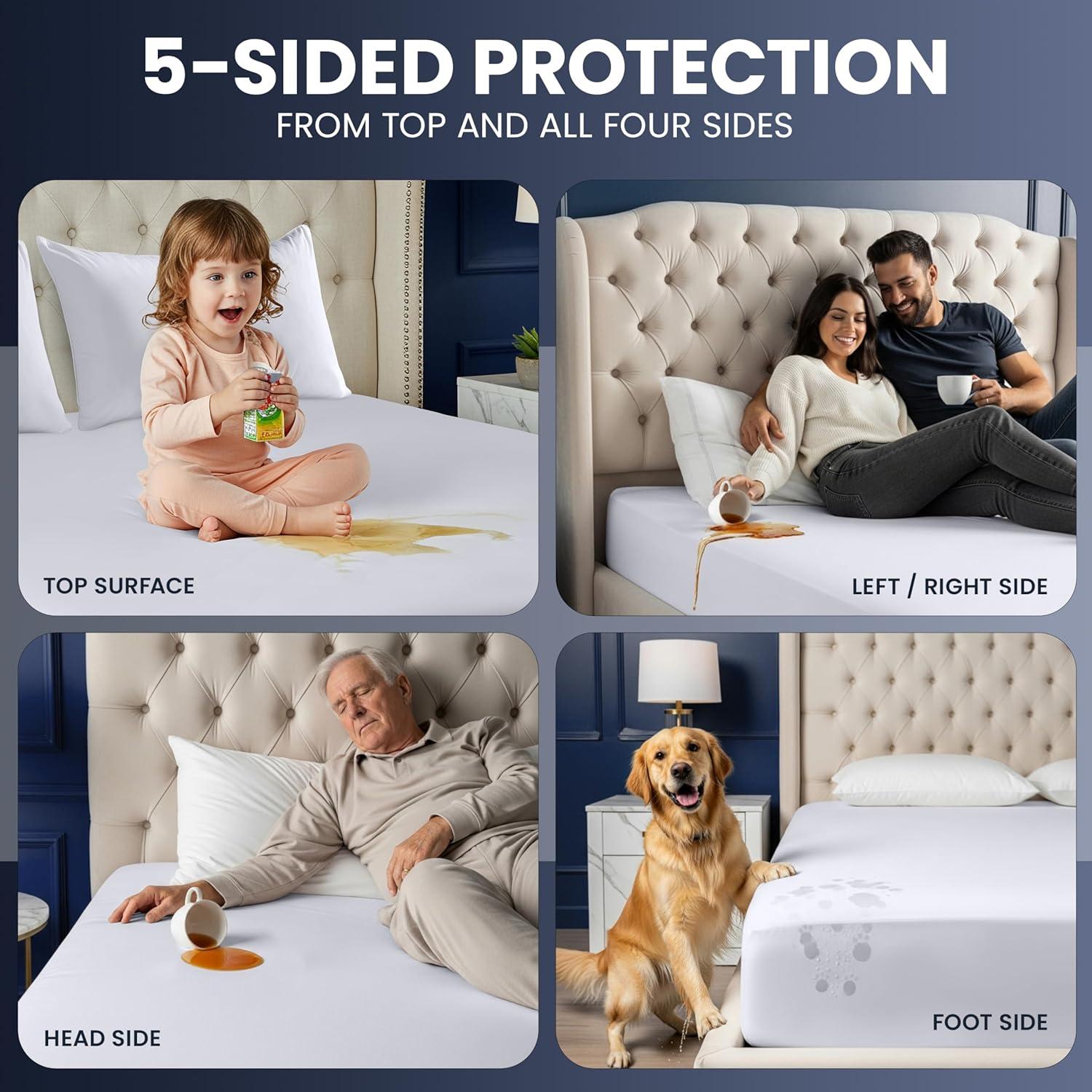 PEKUR Waterproof Mattress Protector – Fitted Sheet Style, Deep Pocket Cover Fits Up to 15 Inches, Washable & Breathable Mattress Topper