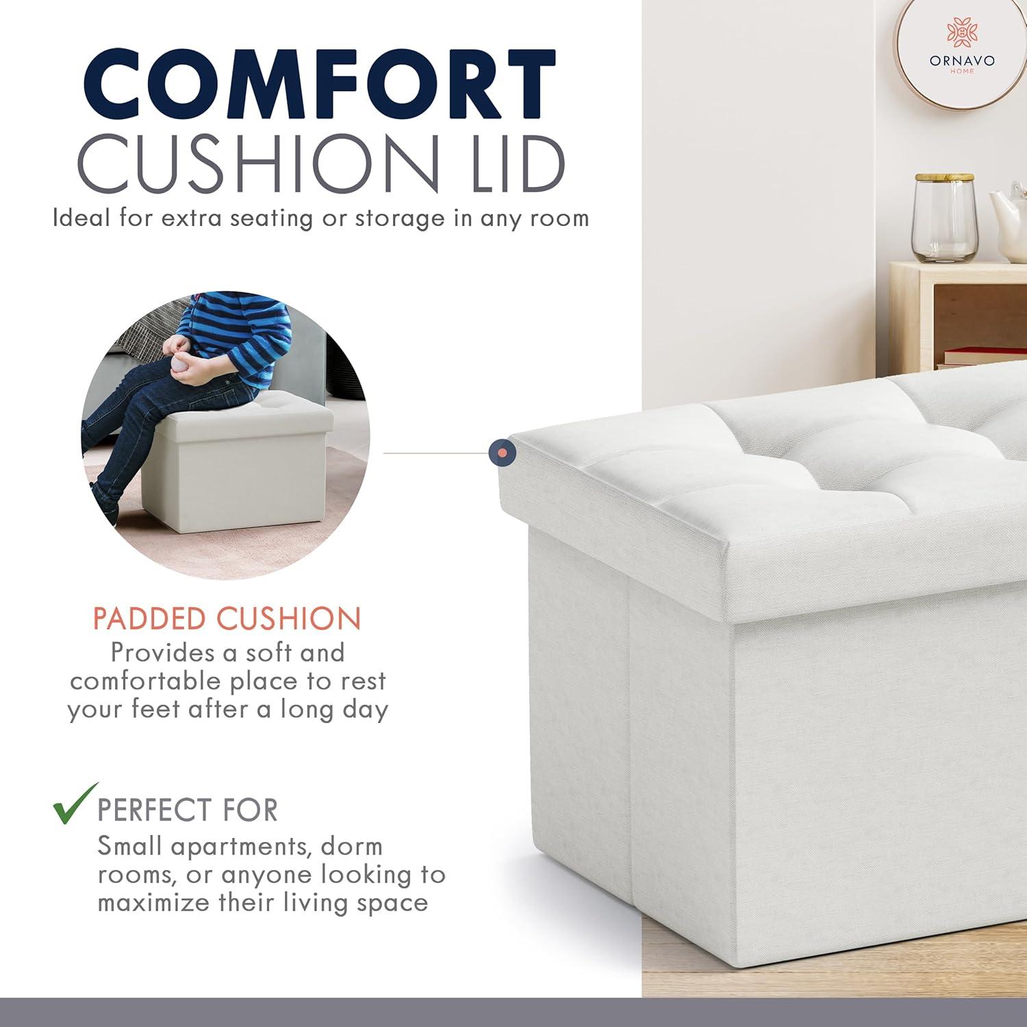 Small White Tufted Linen Foldable Storage Ottoman