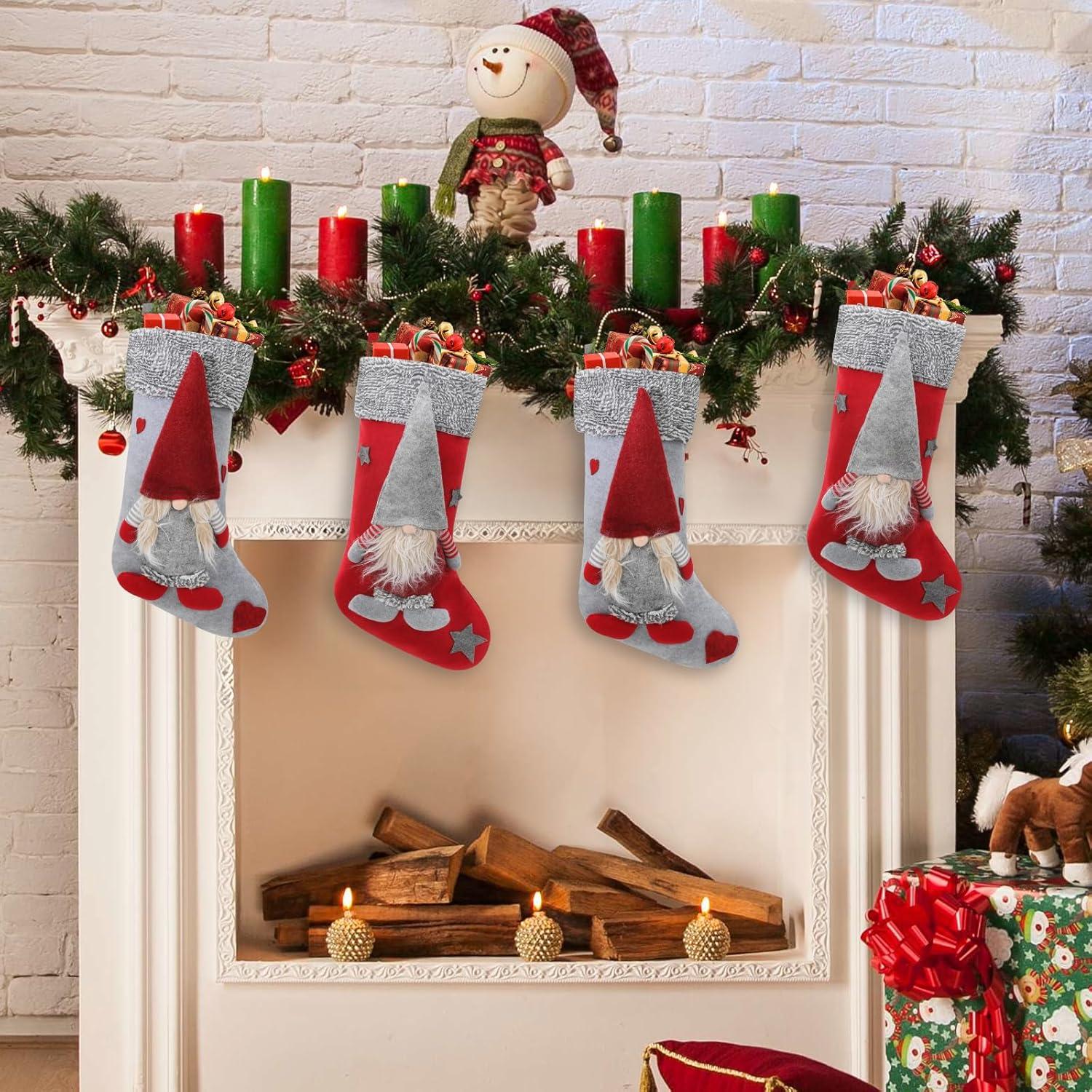 Magshion 4 pack 3D Christmas Stockings with Whimsical 3D Santa Characters, Classic Red and Grey Fireplace Hanging for Family Holiday Xmas Party Decorations