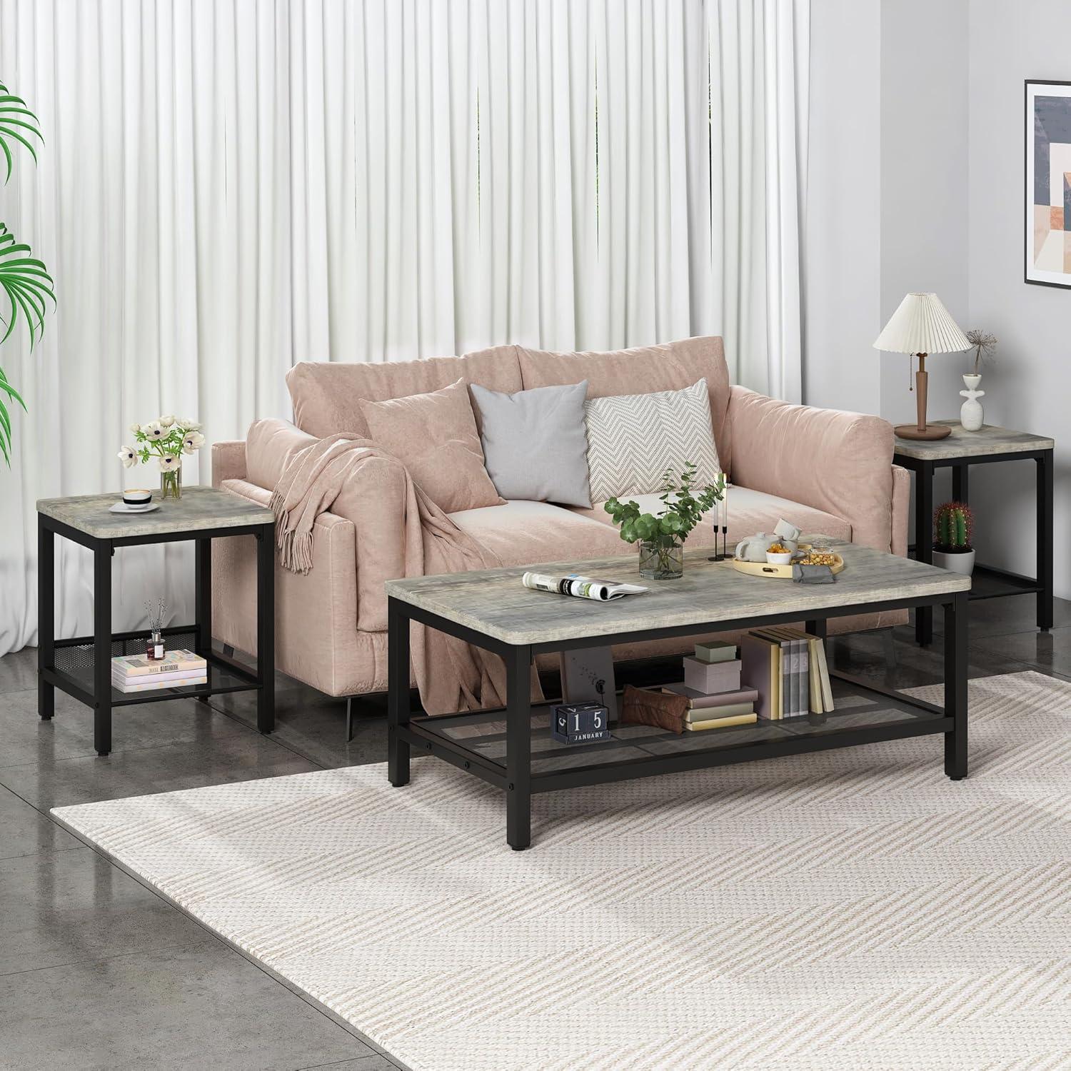 17 Stories Industrial Metal Frame  3 - Piece Living Room Table Set With Two Side Table
