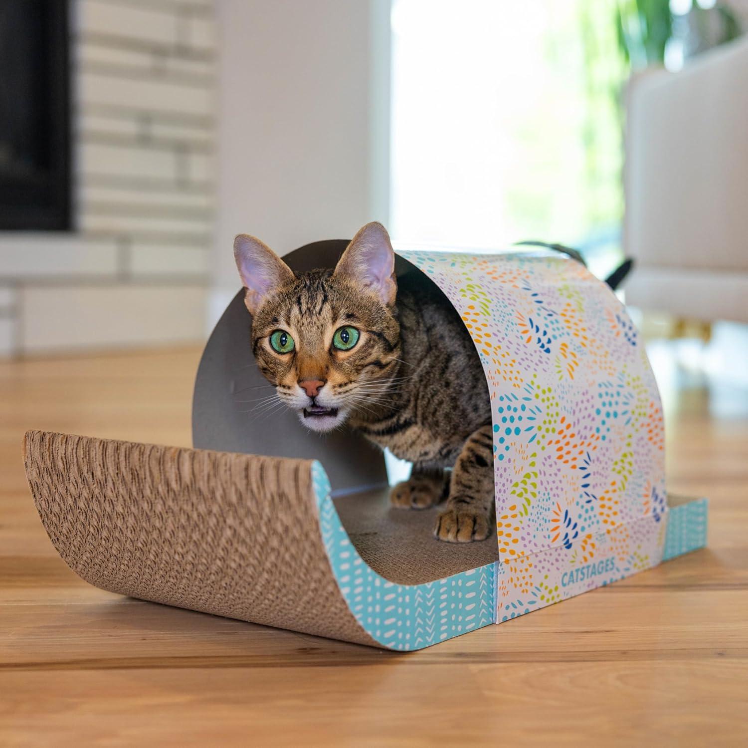 Catstages Cat Tunnel Scratcher with Feather Spring Toy and Removable Tunnel, Corrugated Scratching Pad for Rest, Play, & Nail Trimming, Multicolored