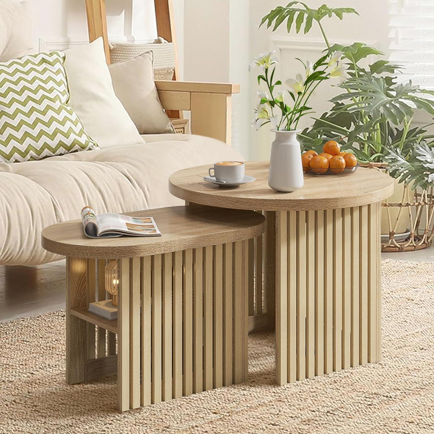 Natural Wood Round Nesting Coffee Table Set with Fluted Panels