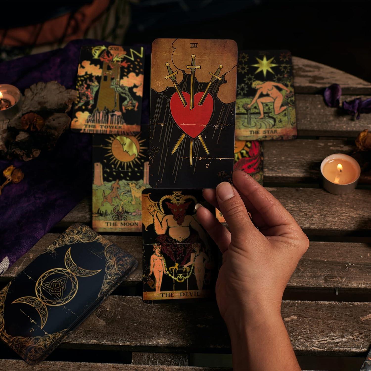 Vintage-Inspired Black and Gold Tarot Card Deck with Guidebook