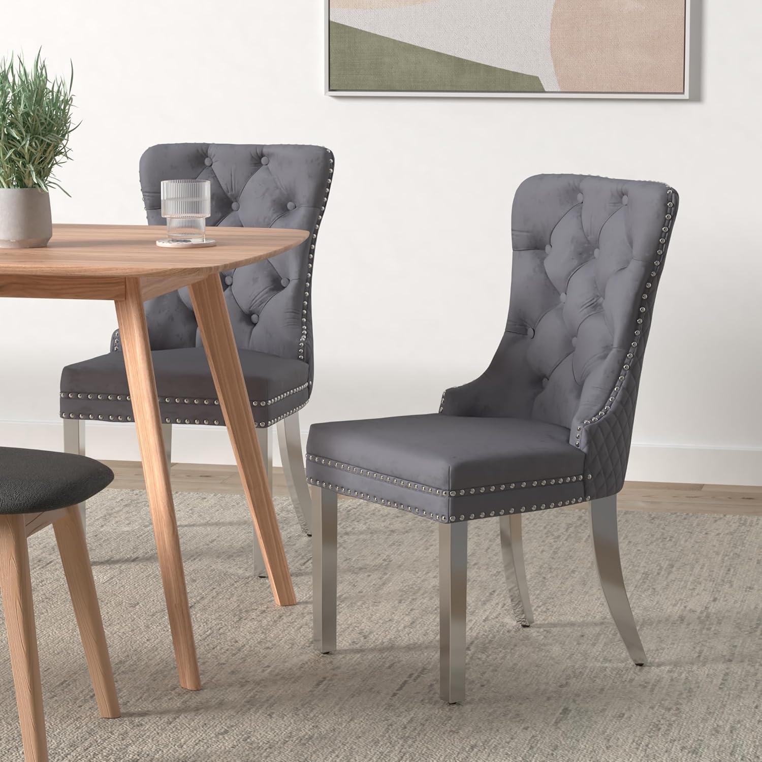 Gray Velvet Upholstered Dining Chairs with Silver Legs, Set of 2