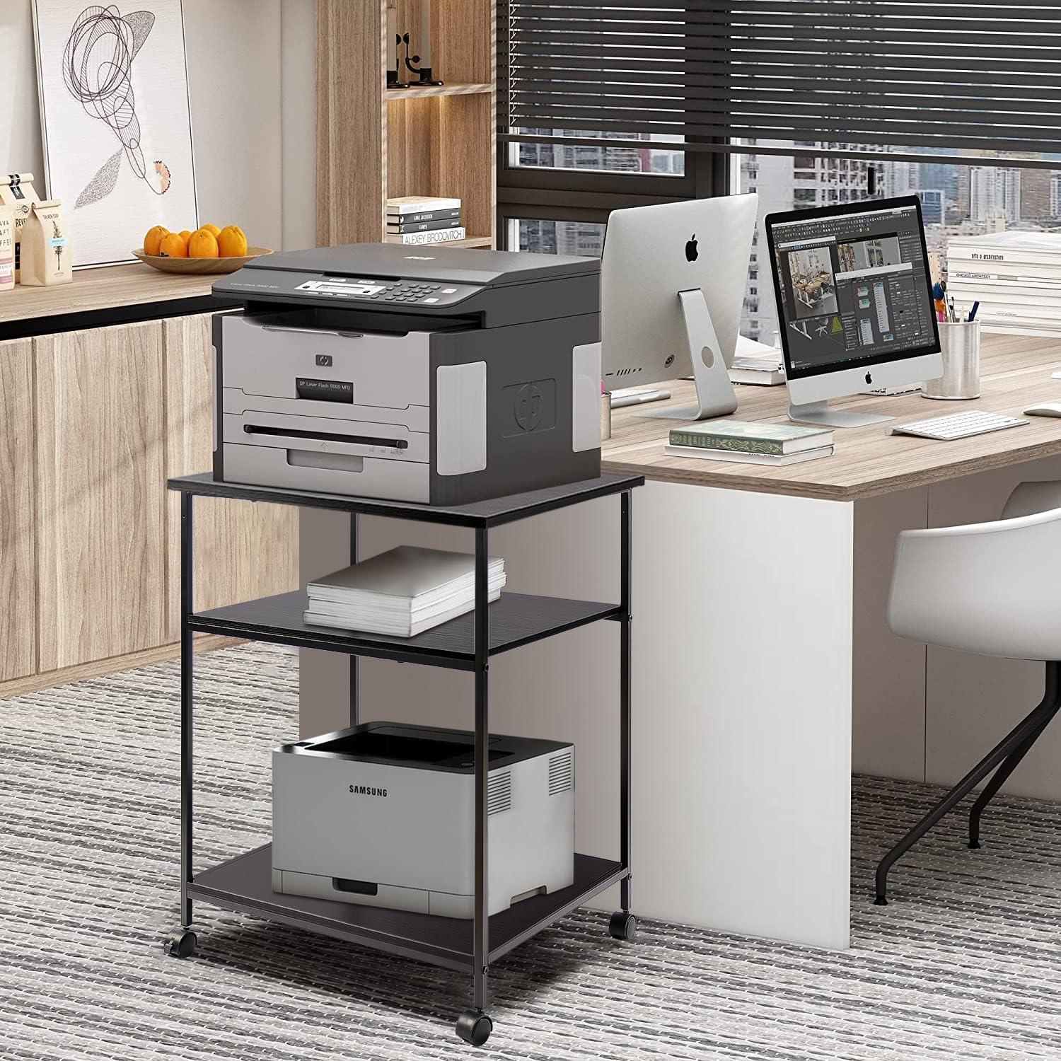 Black Steel 3-Tier Rolling Printer Stand with Adjustable Shelves