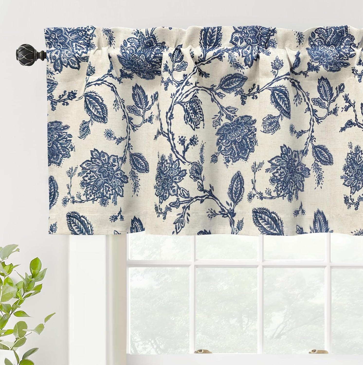 DriftAway Freda Jacobean Floral Linen Blend Blackout Thermal Insulated Energy Saving Privacy Window Curtain Valance Rod Pocket 2 Layers Single 52 Inch by 18 Inch plus 2 Inch Header vy Beige