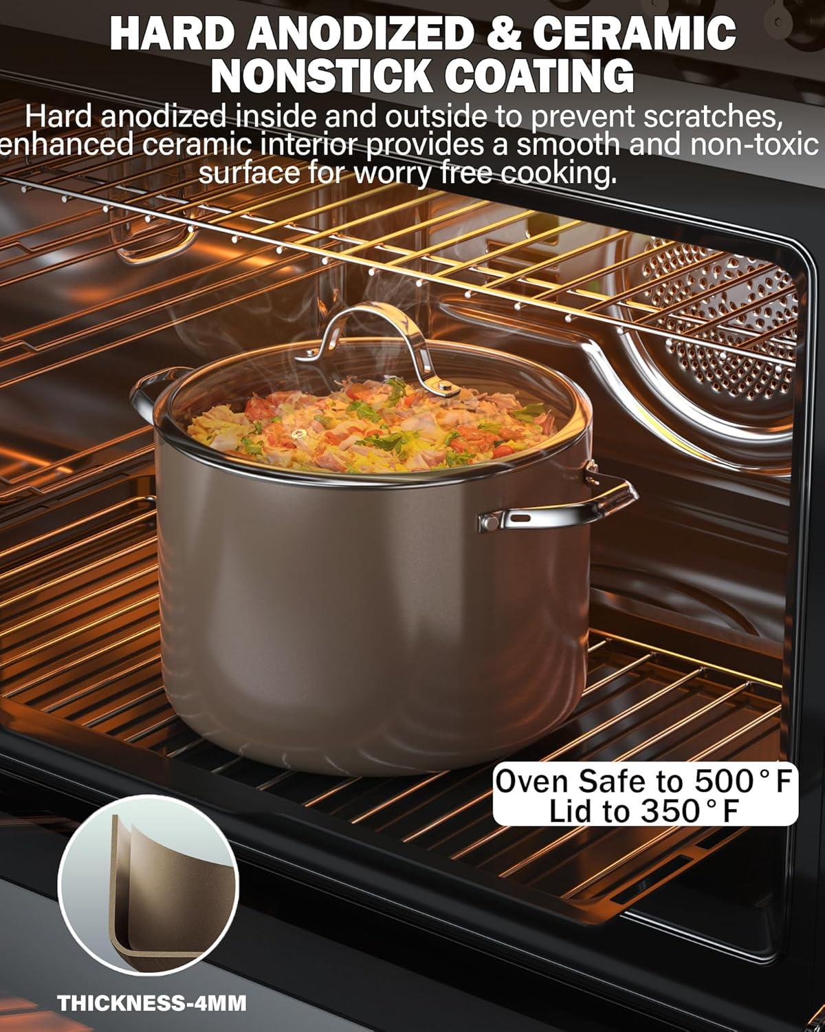 Cooks Standard Hard Anodized Ceramic Nonstick 8-Quart Stock pot with Glass Lid, Classic Induction Large Cooking Gumbo Pot, Ollas de Cocina, Bronze