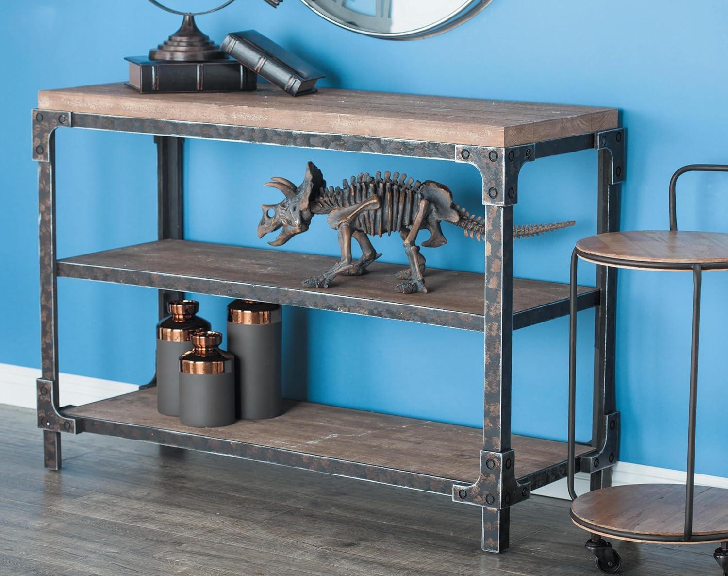 Olivia & May Rustic 3 Tier Console Table Brown: Industrial Style, Fixed Shelves, Wood Frame, Entryway Storage