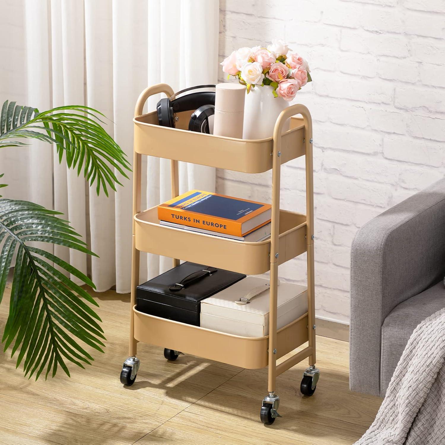 ZUNMOS 3 Tier Utility Rolling Cart, Metal Mobile Storage Cart with Lockable Caster Wheels, Storage Shelves Organizer Cart for Livingroom, Bathroom, Kitchen, & Narrow Places, White