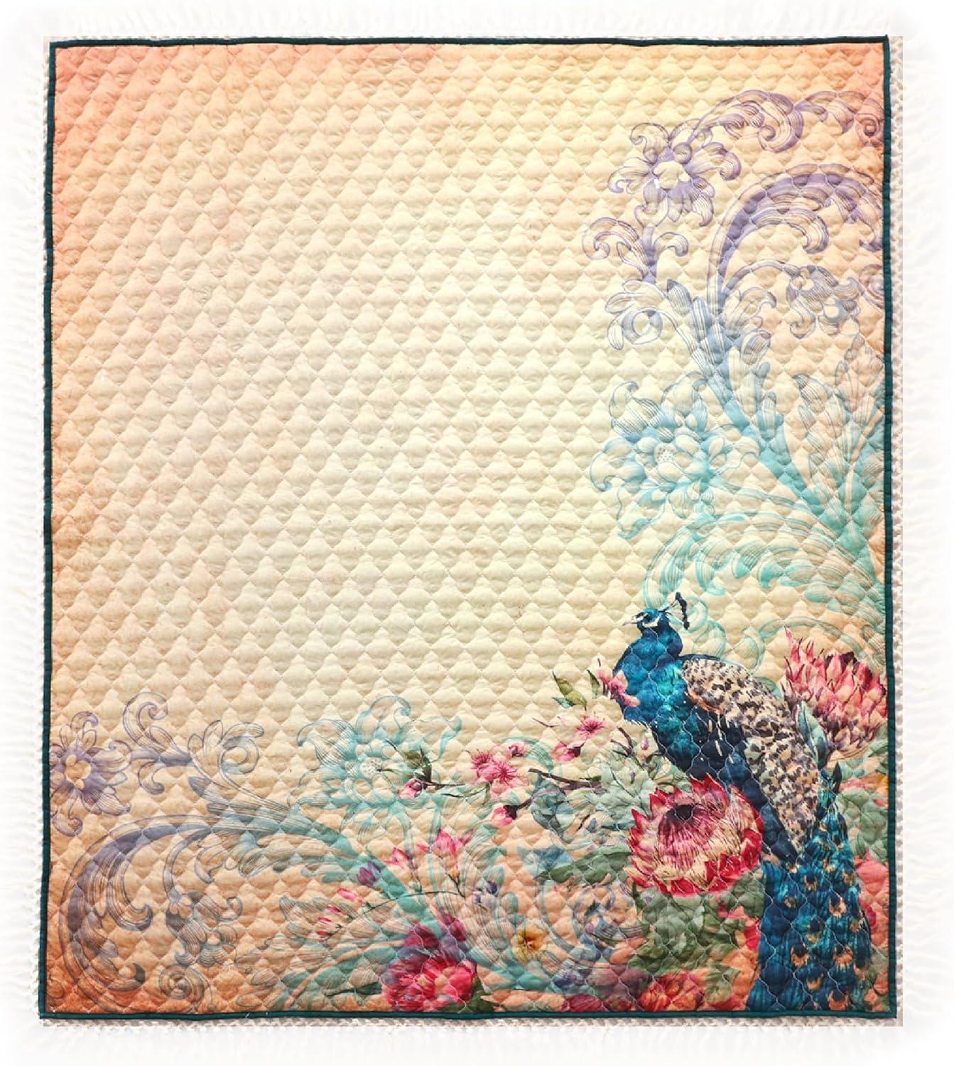 Ufa 60 Inch Quilted Throw Blanket, Blue Microfiber, Peacock, Floral Design- Saltoro Sherpi