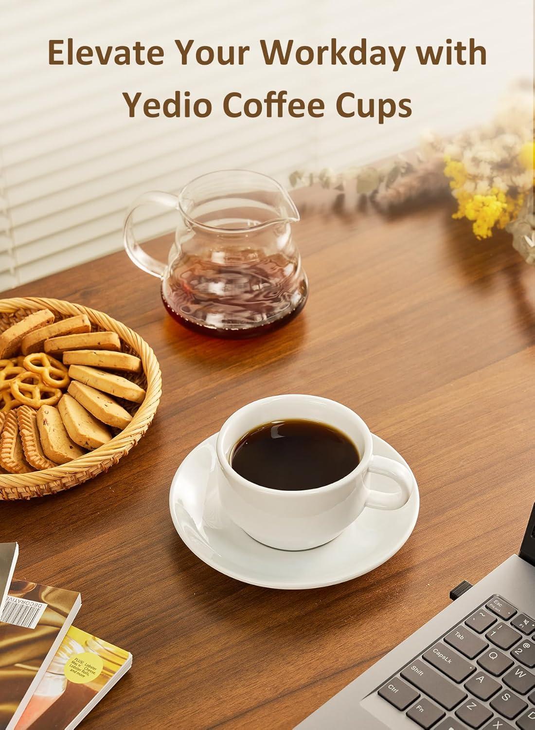 Yedio Porcelain 4 oz Espresso Coffee Cups with Saucers and Metal Stand, Porcelain White Stackable Cappuccino Cups Set of 4