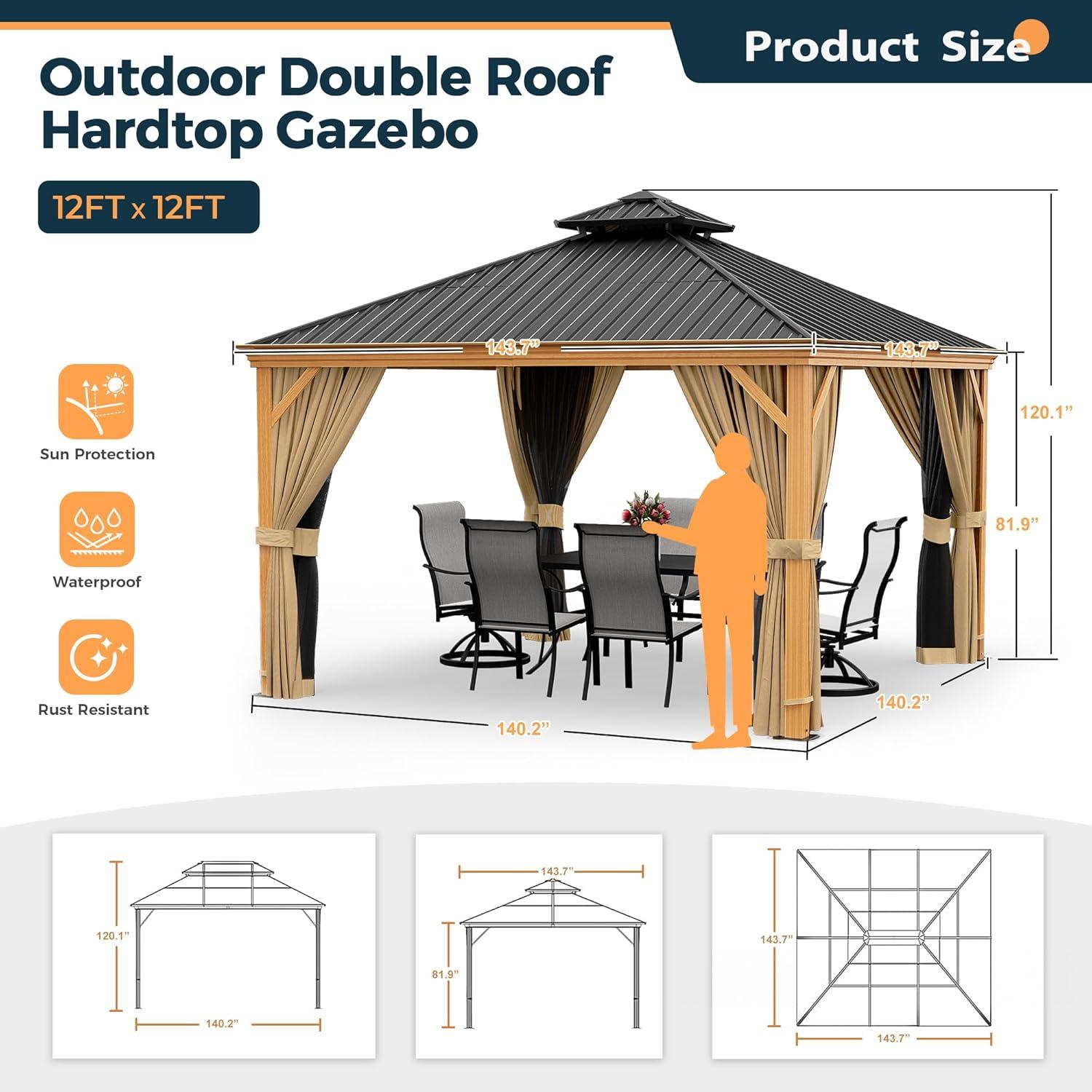 12' x 12' Beige Wood Grain Aluminum Hardtop Gazebo with Netting and Curtains