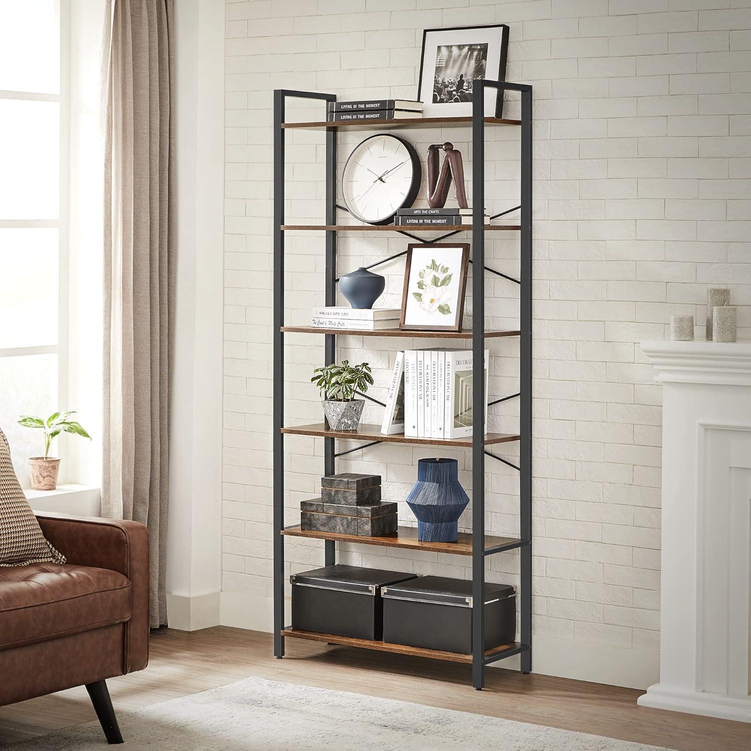 Rustic Brown and Black 6-Tier Adjustable Bookshelf with Steel Frame