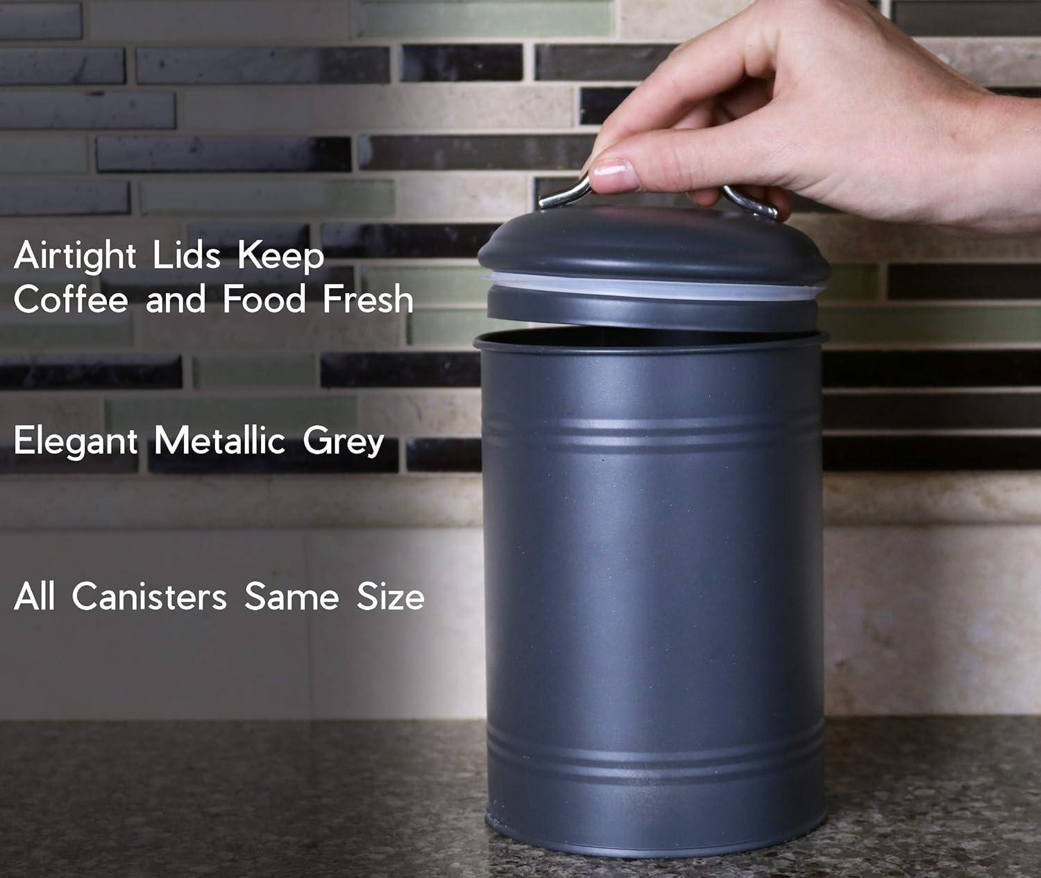 Charcoal Grey Metal Cylindrical Kitchen Canisters Set with Airtight Lids