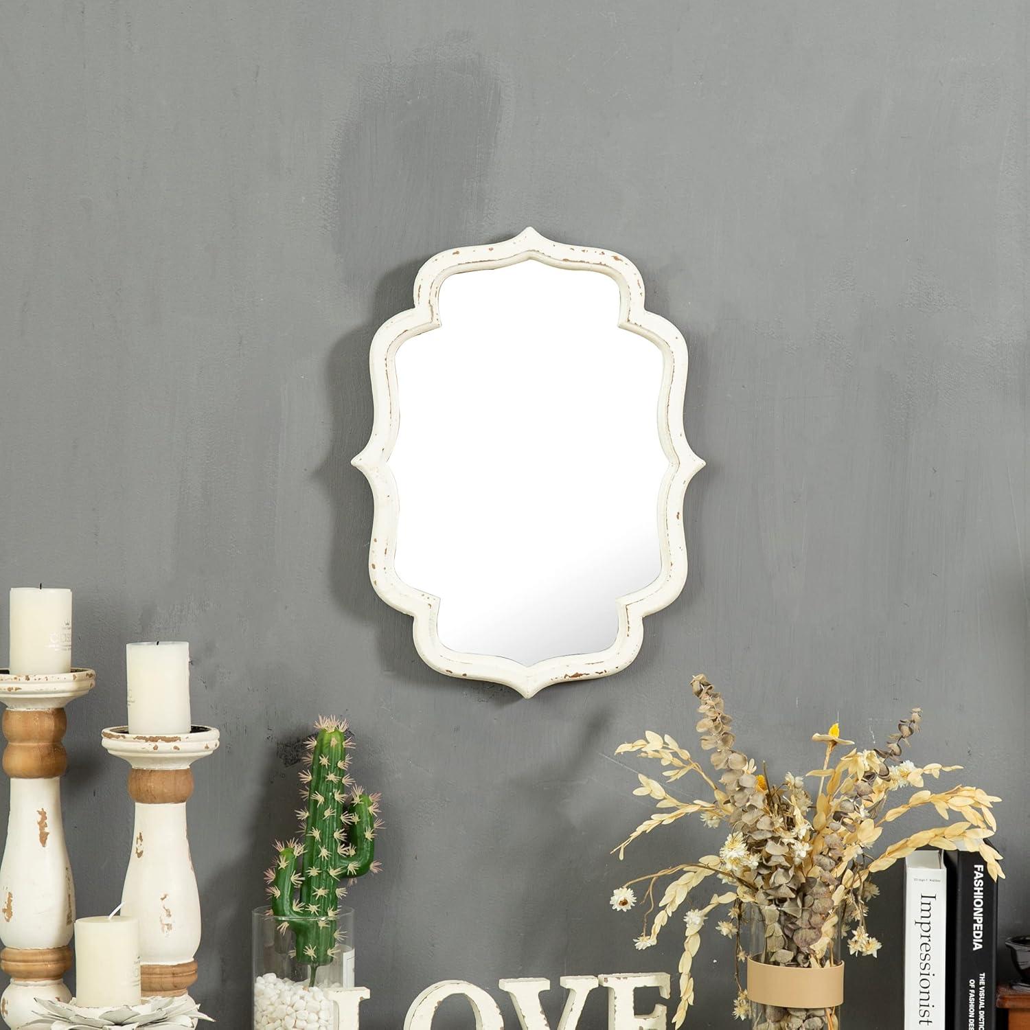 Sintosin Hanging Rustic Distressed White Bathroom Wall Mirrors, Farmhouse Wood Small Mirror 16 x 12 inch for Room Living room Decor