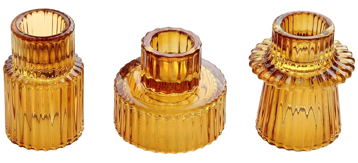 Candlestick Holder Set Of3 Glass Candle Holders for Taper,Pillar,Tealight Candle Amber