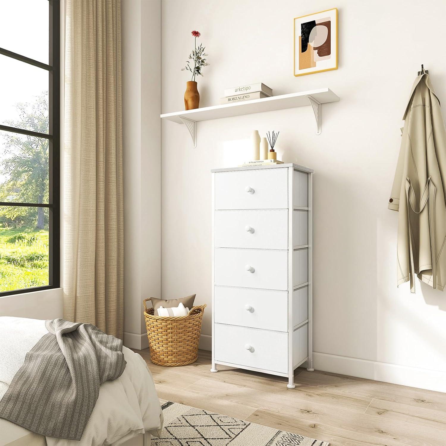 GUNAITO Dressers for Bedroom 5 Drawers Tall Dresser for Bedroom Faux Leather Chest of Drawers Wooden Top Fabric Drawer Rustic Brown RZP5R1