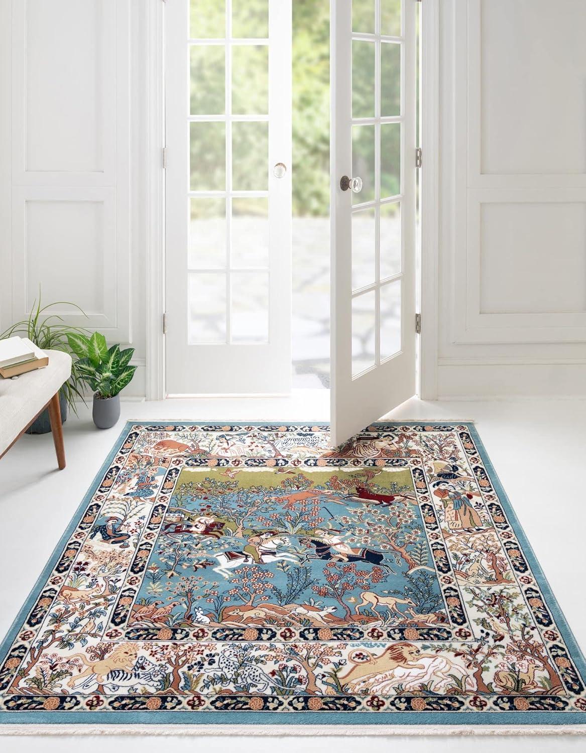 Rugs.com Rabia Collection Rug – 4' Square Blue Low Rug Perfect For Living Rooms, Kitchens, Entryways