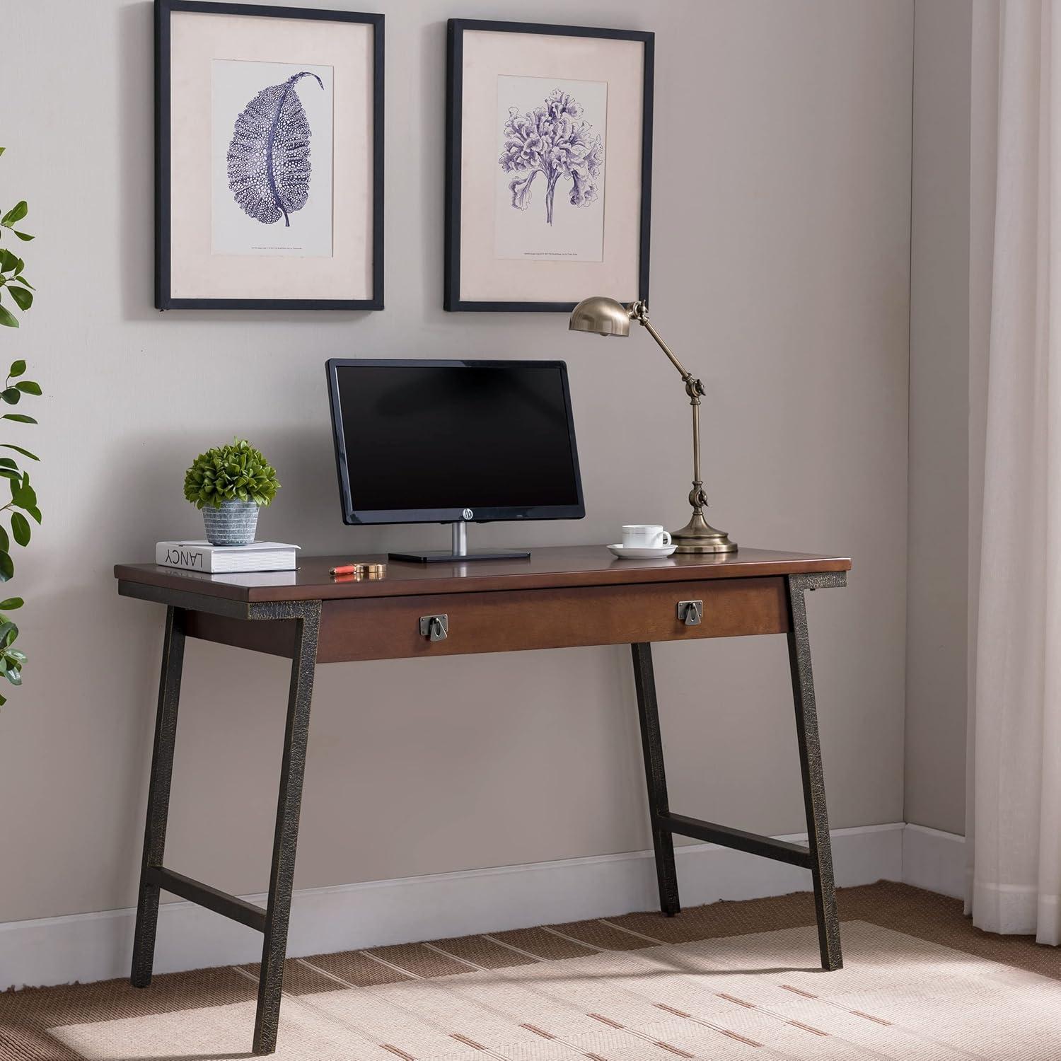 Leick Home 11400 Empiria Metal and Wood Laptop Computer Desk with Drop Front Keyboard Drawer, Walnut and Foundry Bronze