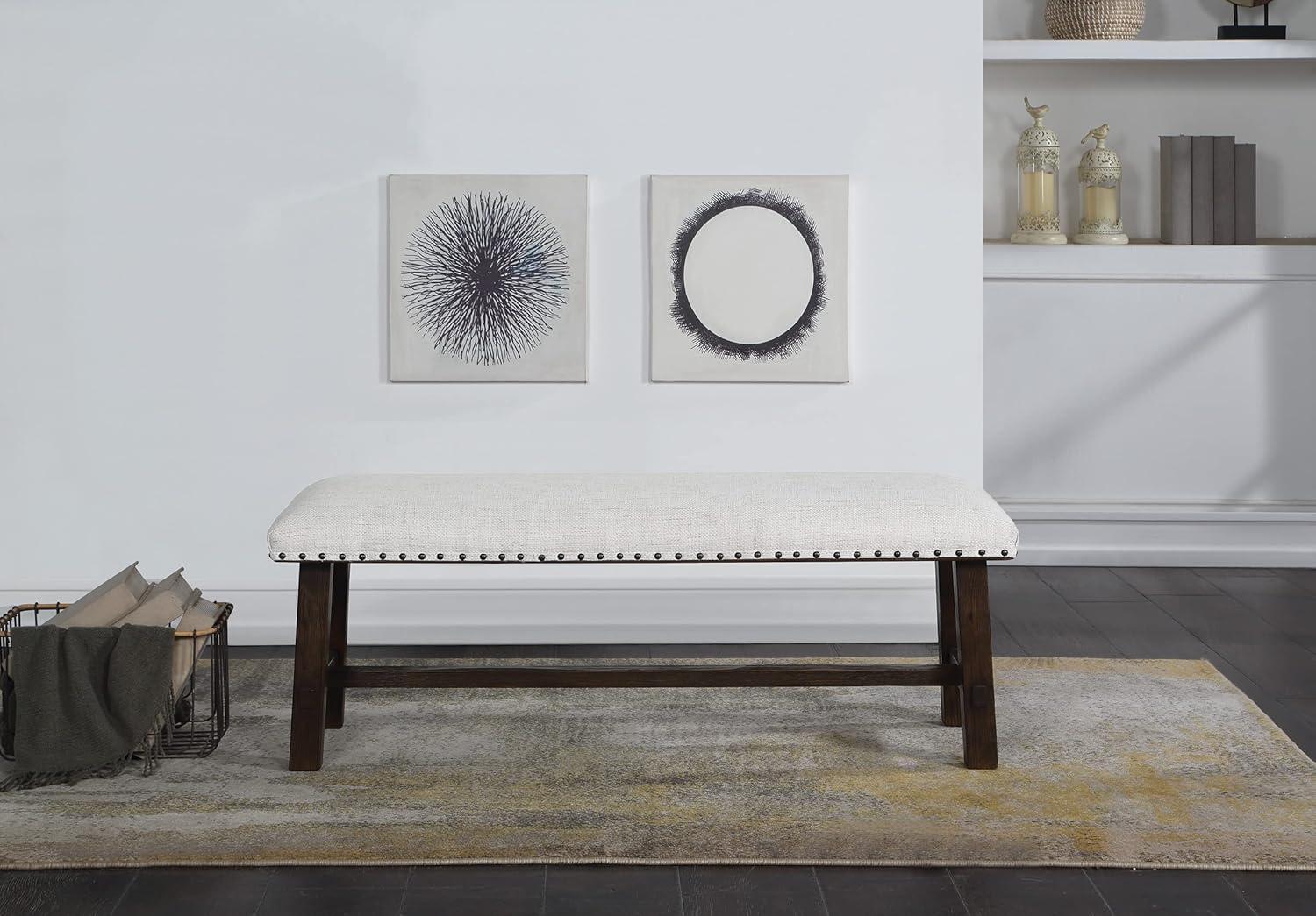 Callen Bench with Walnut Frame and Bronze Nailhead Trim in Linen White Fabric