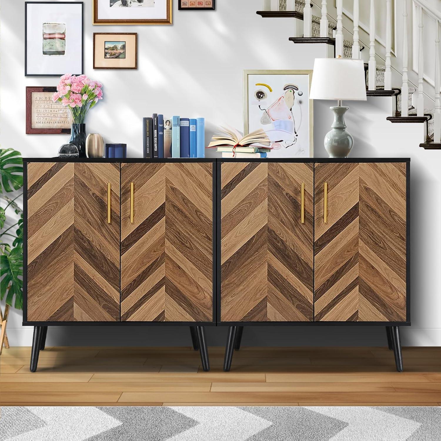 Accent Cabinet, Black Storage Cabinet with Doors Mid Century Modern Sideboard Buffet Cabinet with Storage Shelves Small Wood Accent Cabinets for Living Room Entryway Office, Brown Herringbone