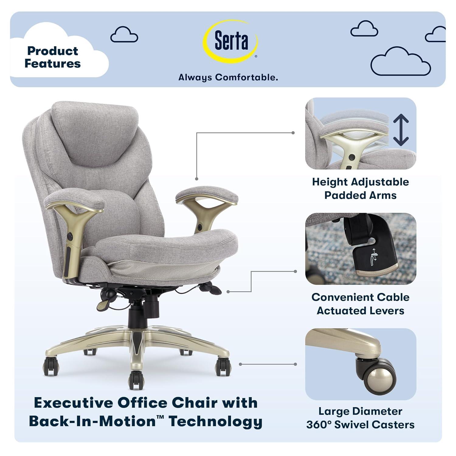 Works Executive Office Chair Light Gray : Serta, Ergonomic, Pneumatic Height Adjustment, Bonded Leather