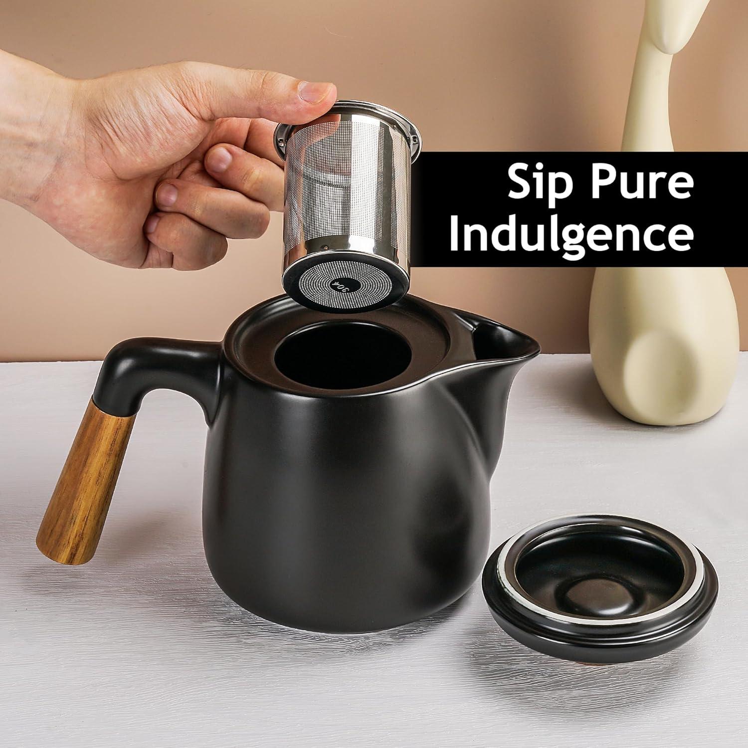 Black Ceramic Tea Pot Set with Bamboo Handle and Saucers