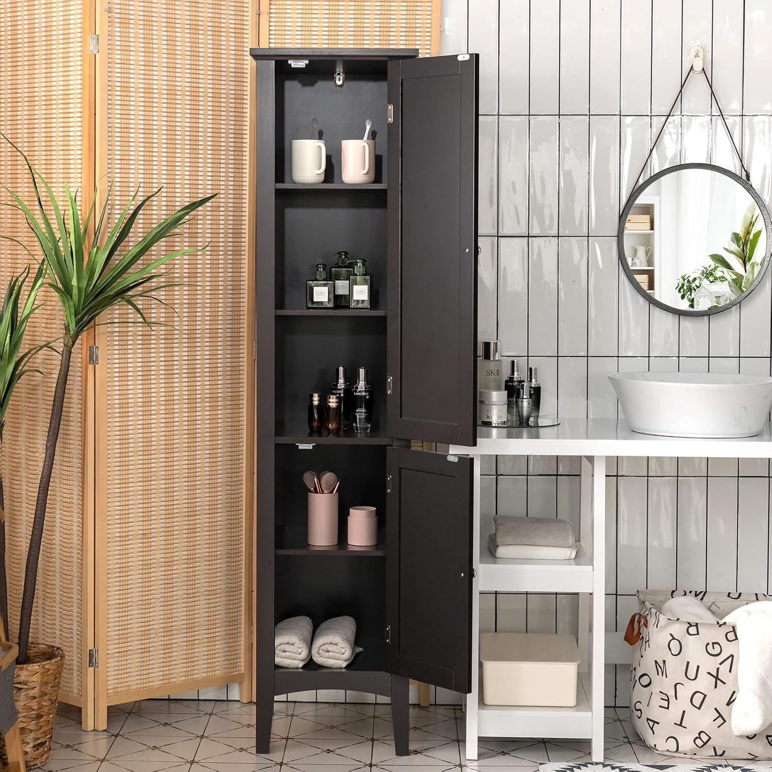 5 Tier Wooden Freestanding Tower Cabinet Tall Bathroom Storage Cabinet Black