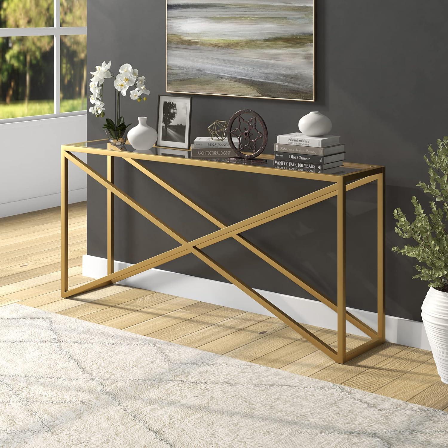 Brass and Glass 64" Geometric Console Table