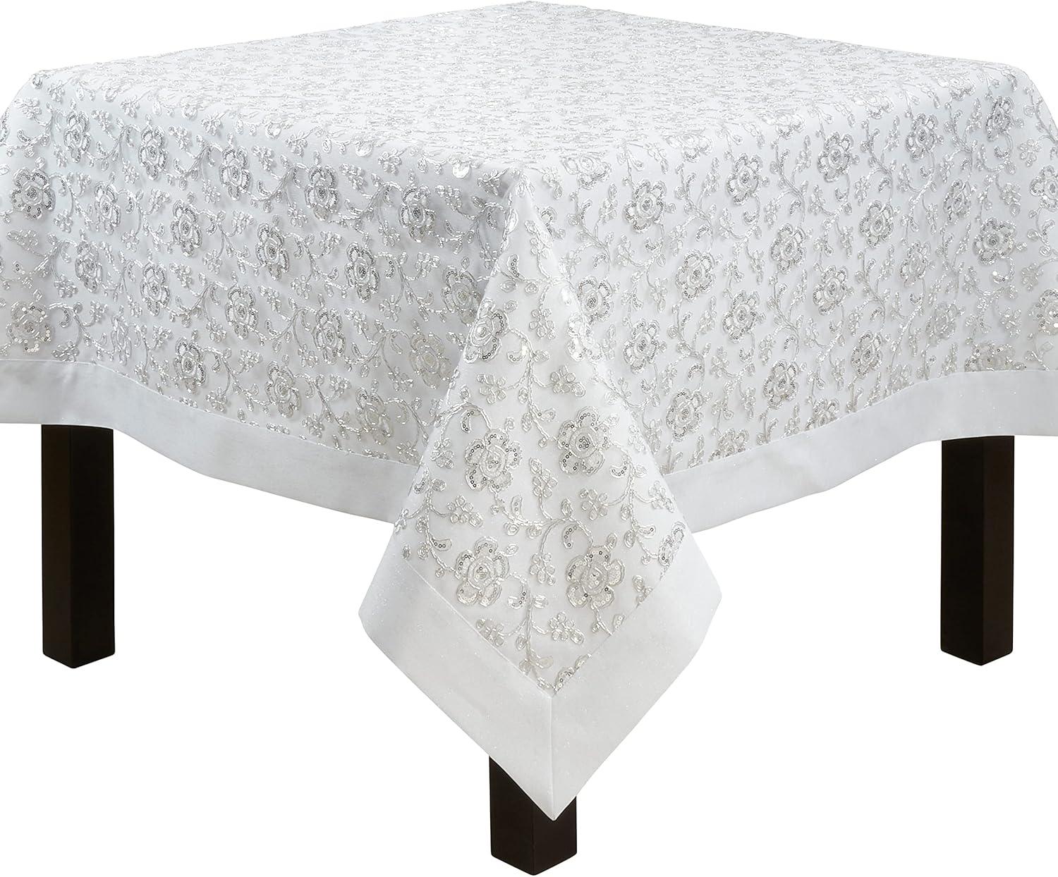 Elegant Floral Embroidered White Polyester 65" Square Tablecloth