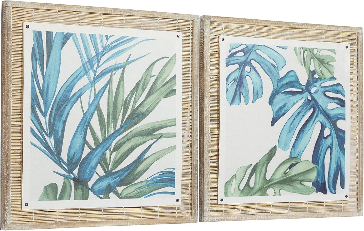 Dried Plant Leaf Framed Wall Art with Brown Frame Set of 2 Blue - Olivia & May: Modern Abstract Artwork, Wood Frames, Vertical Display