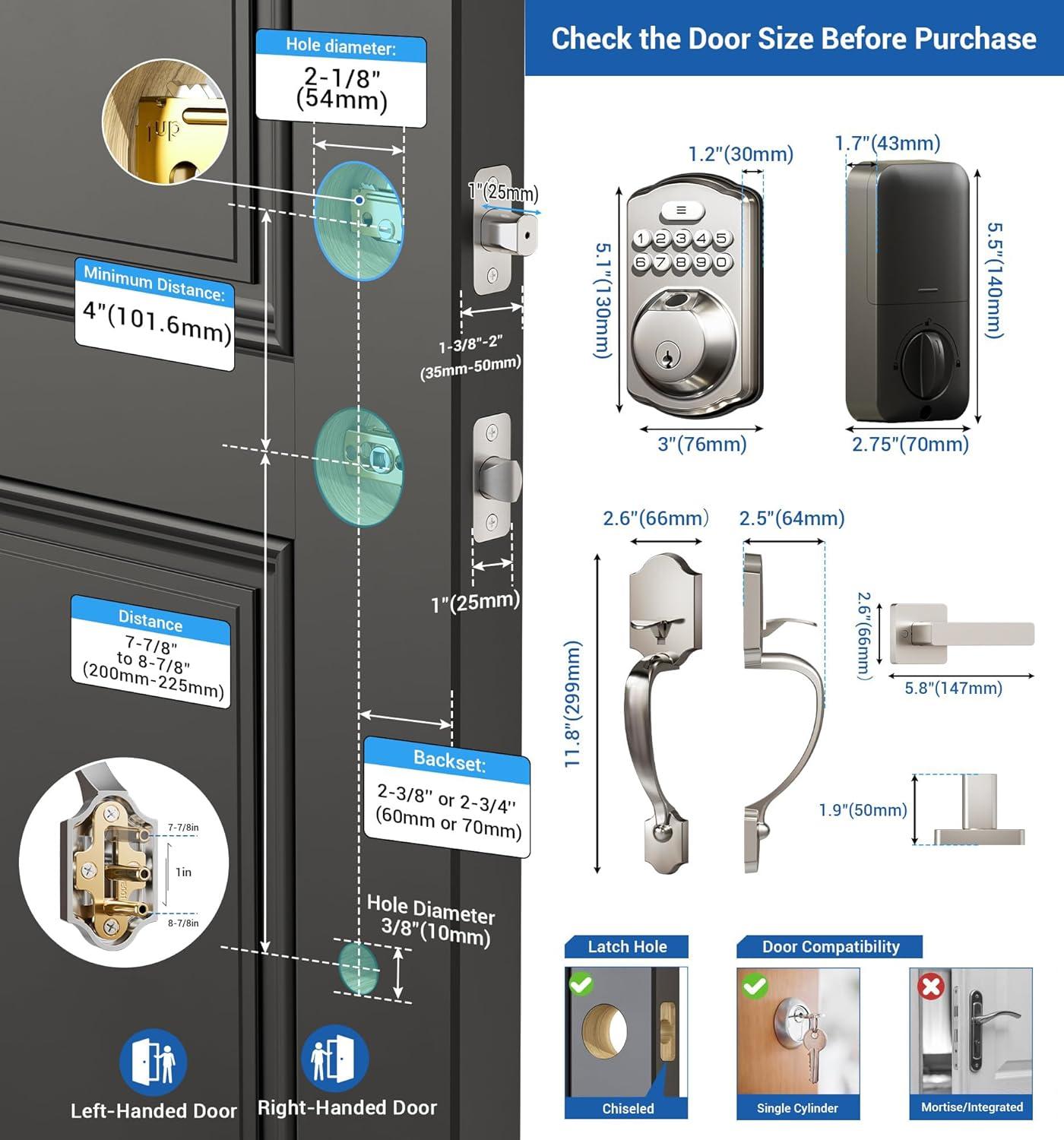 Veise Fingerprint Door Lock Set, Keyless Entry Door Lock, Front Handle Set, Electronic Keypad Deadbolt with Lever Handle, 2 Keys, Auto-Locking, One-time Codes, Easy to Install, Satin Nickel