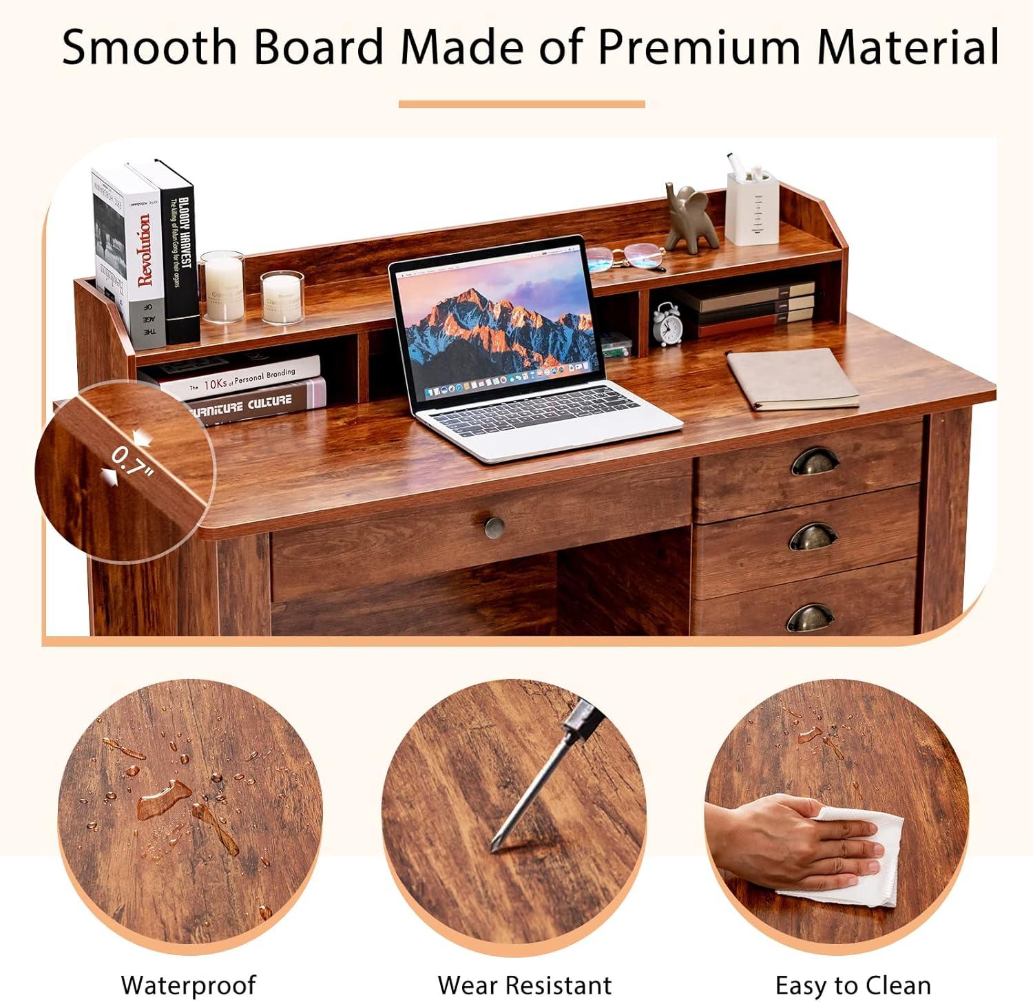 GVN Vintage Computer Desk with Storage Shelves and 4 Drawers-Rustic Brown, Desk for Bedroom, Gaming Computer Desks for Study,Working,Writing