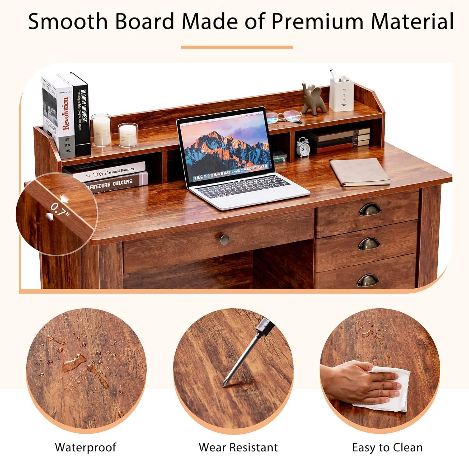 GVN Vintage Computer Desk with Storage Shelves and 4 Drawers-Rustic Brown, Desk for Bedroom, Gaming Computer Desks for Study,Working,Writing