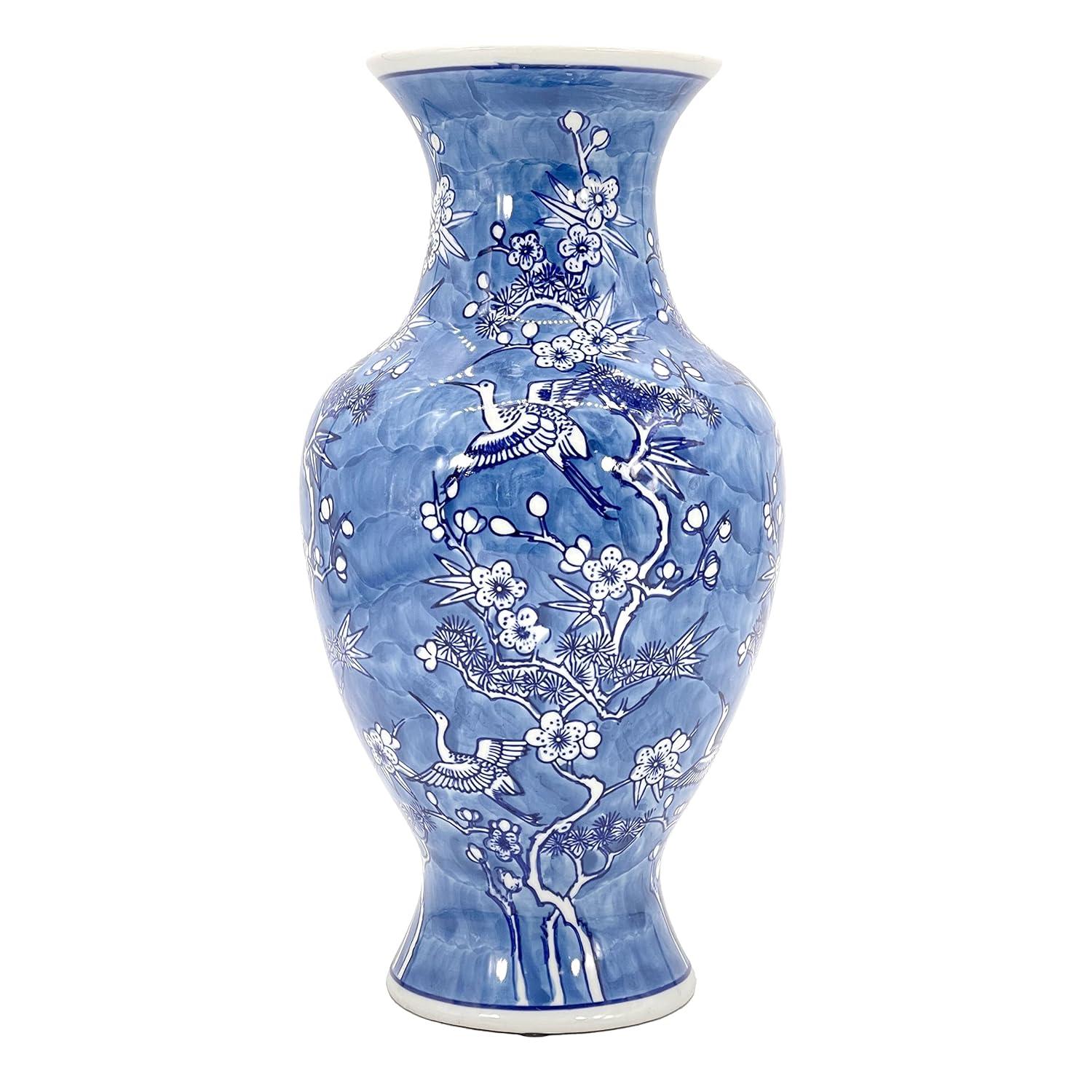 Dark Blue Floral Chinoiserie Ceramic Vase with White Accents