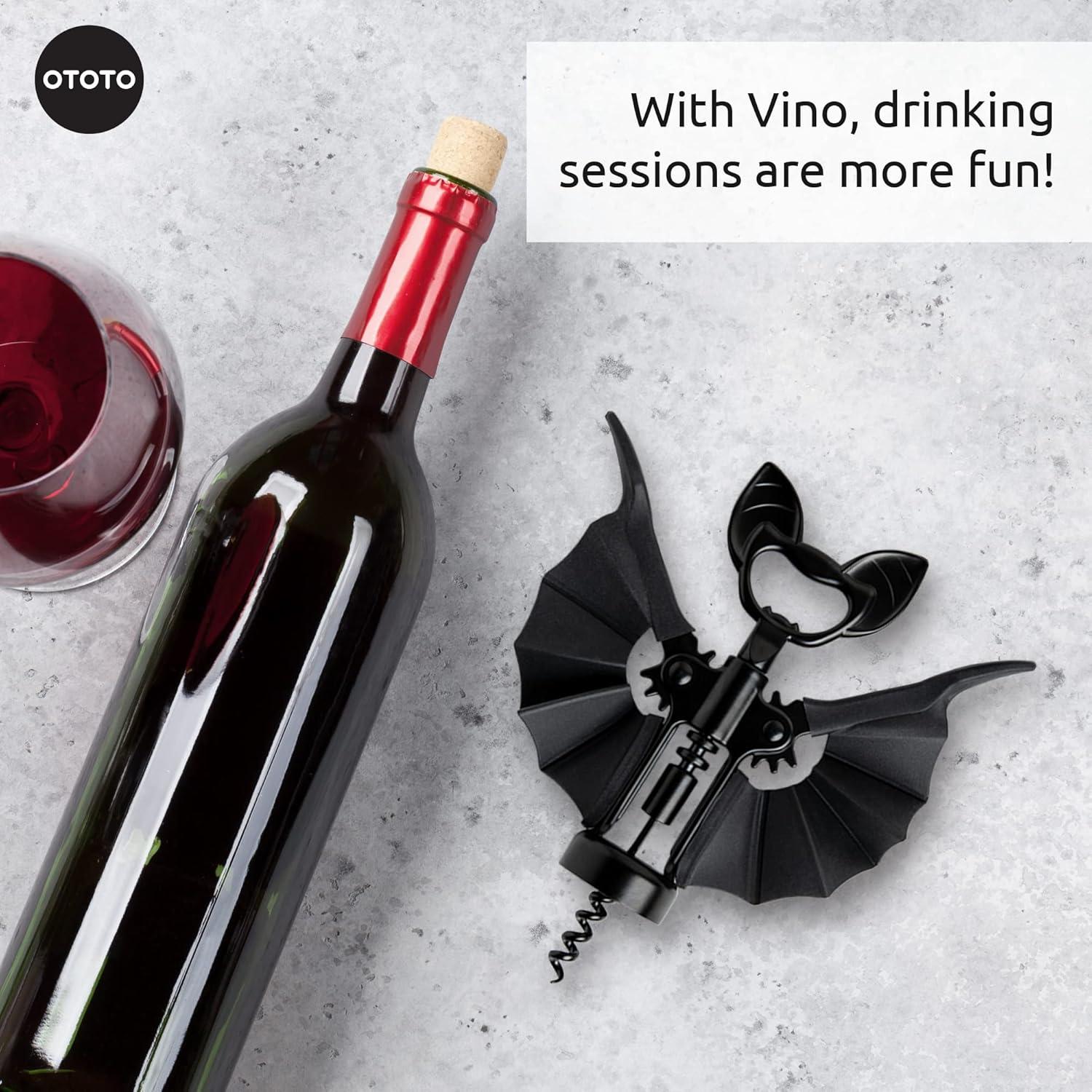 Ototo Vino Corkscrew and Bottle Opener: Silicone & Metal, Hand Wash, Black, 6.6" Length, 1.69" Width