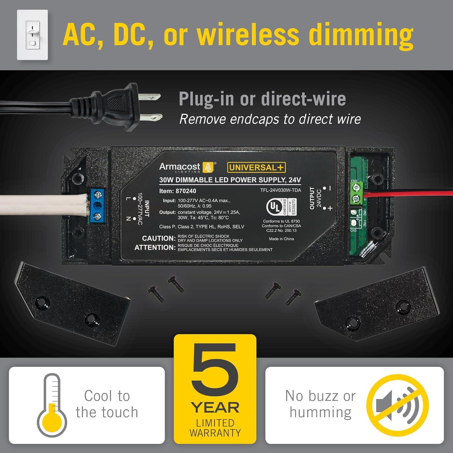 Armacost Lighting Universal+ Dimmable LED Driver 24V DC, Electronic Transformer ELV/MLV/TRIAC 870240