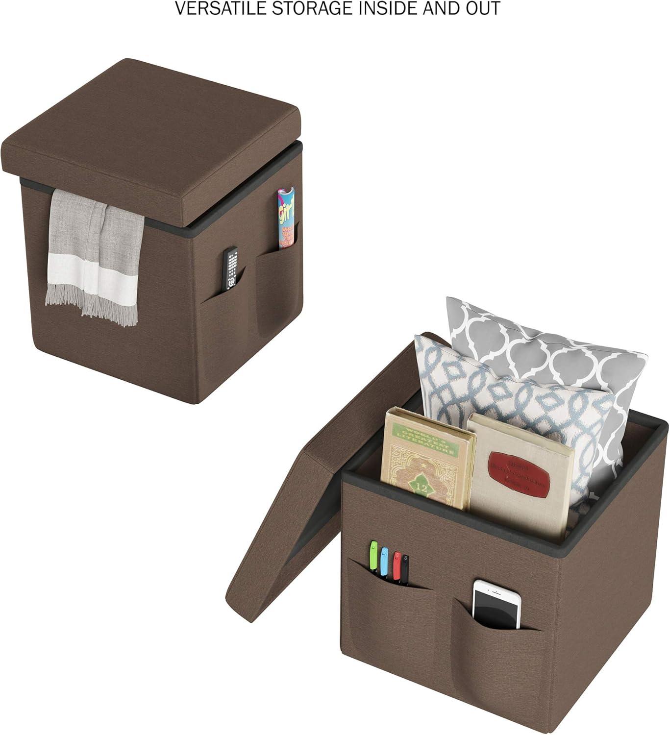 Compact Linen Brown Folding Storage Ottoman Cube with Pockets