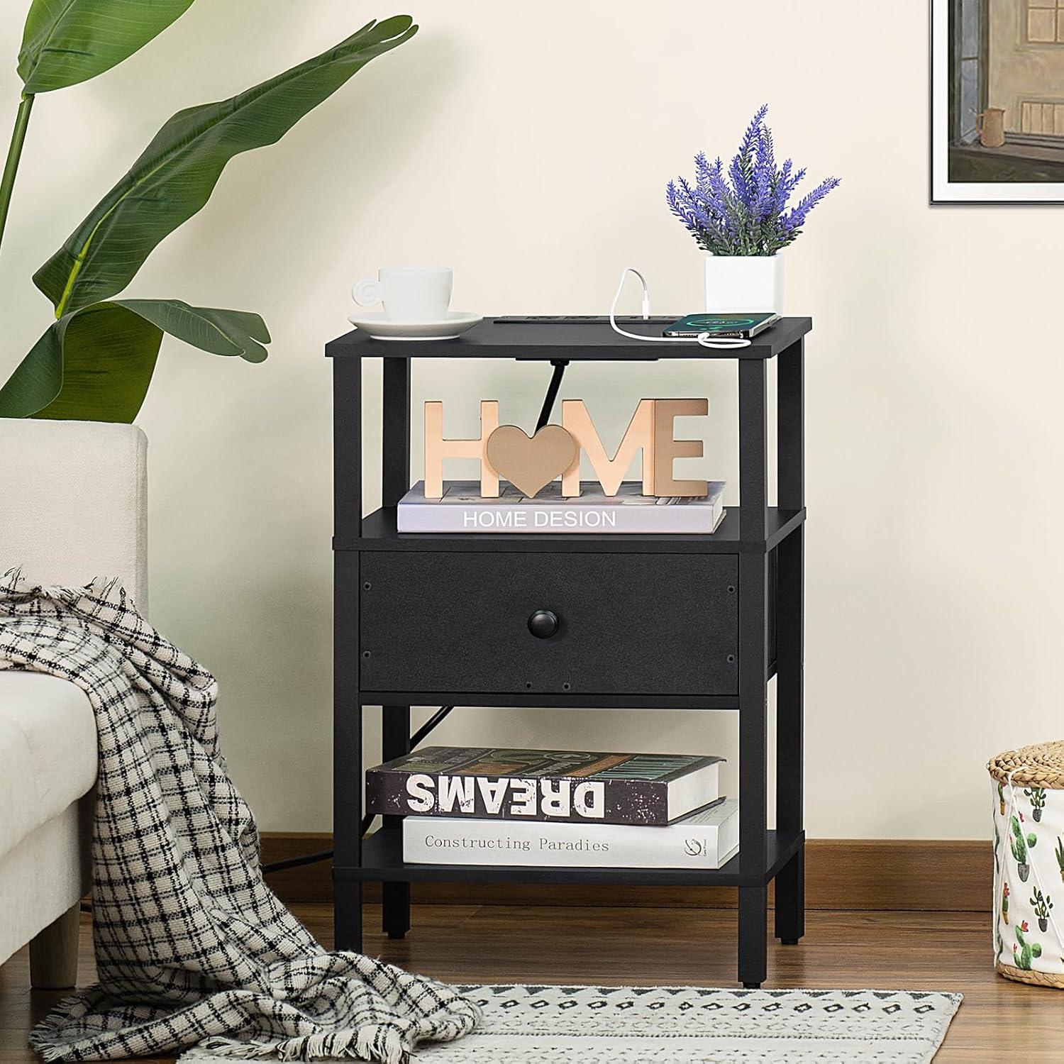 Black Wood 3-Tier Nightstand with Charging Station