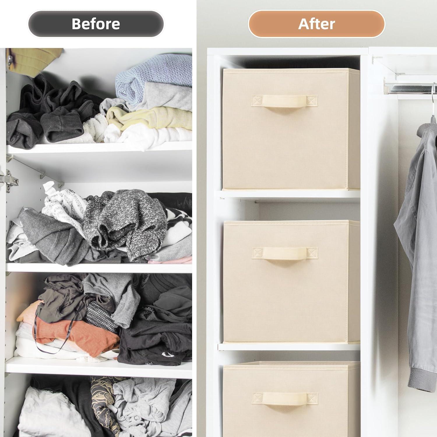 STORAGE MANIAC Storage Cubes, 11 Inch Collapsible Storage Bins with Handles, 4 Pack Fabric Foldable Bins for Organization, Durable Storage Bins for Closet, Shelves, Offices, Toys, 4-Pack Beige