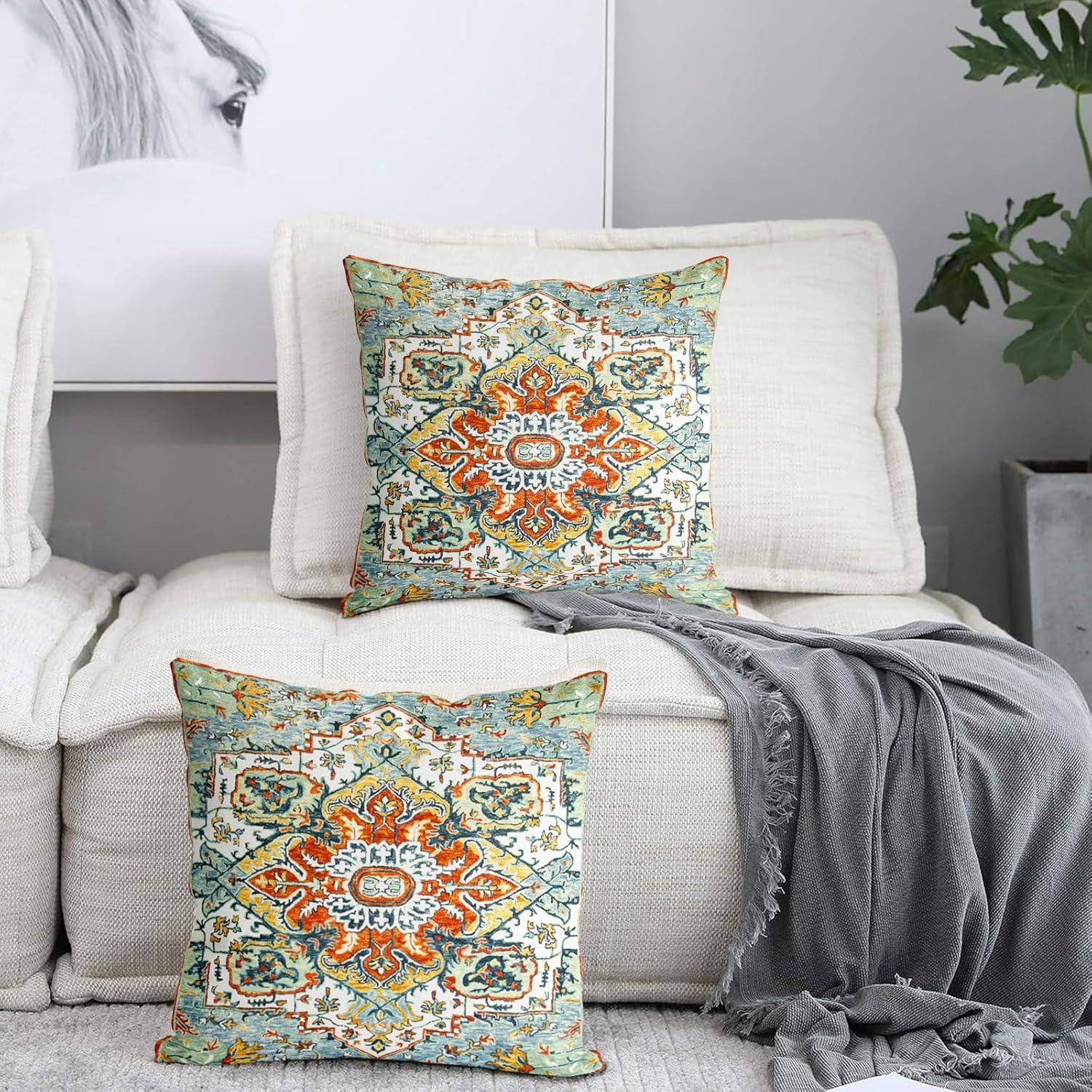 Boho Green Throw Pillow Covers 18x18 inch Set of 2,Bohemian Carpet Double Sided Pattern Soft Plush Cushion Cover for Couch Sofa Bed Decorative,Only Pillowcase (No Insert)