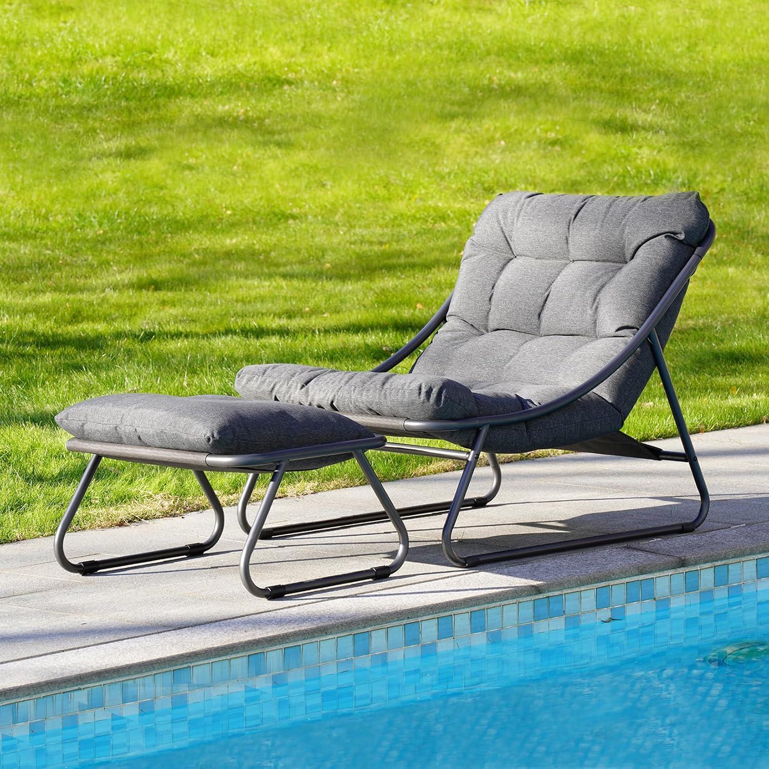 Grand Patio Outdoor Lounge Chair with Ottoman, Comfy Sling Recliner Chair with Puffy Cushion, Samba Modern Steel Patio Furniture Set for Porch Deck Garden Living Room, Champagne Gray