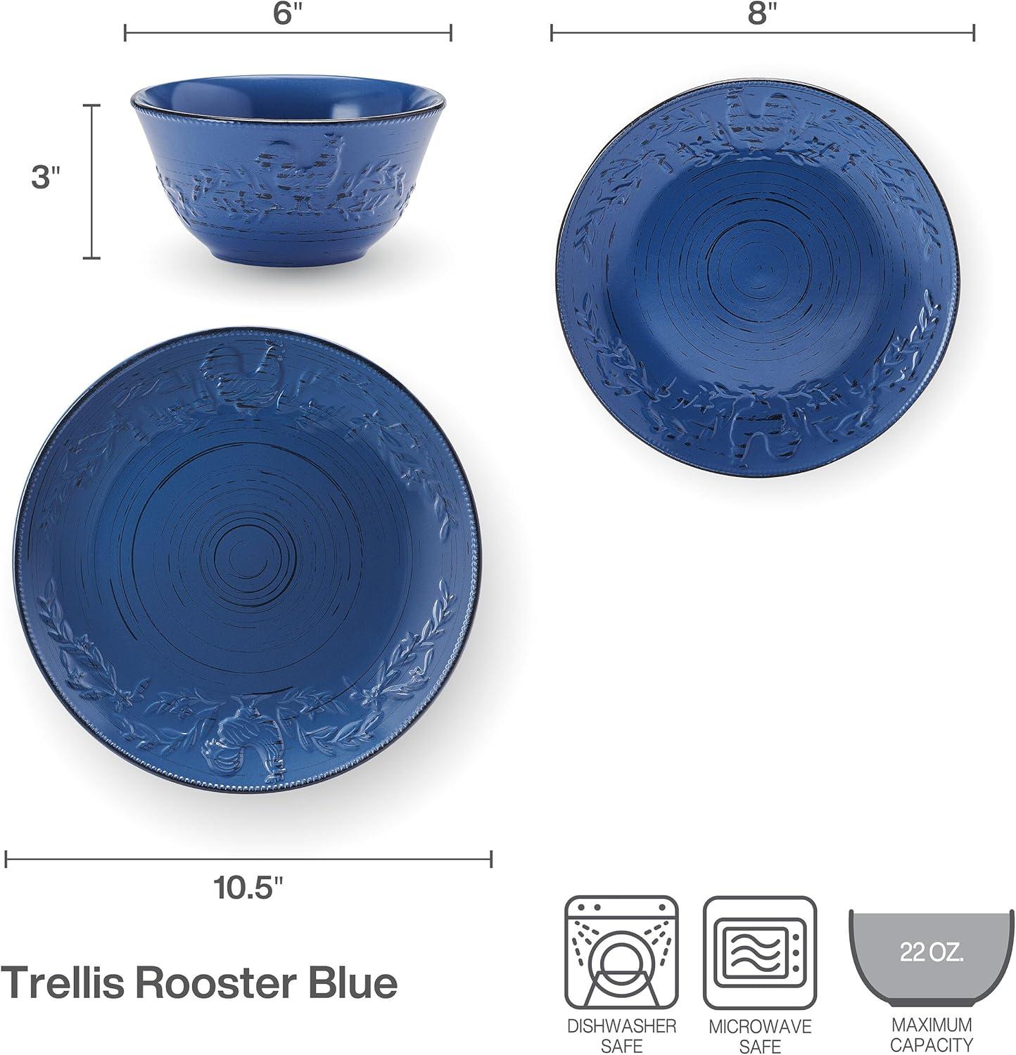 Trellis Blue Ceramic Rooster 12-Piece Dinnerware Set