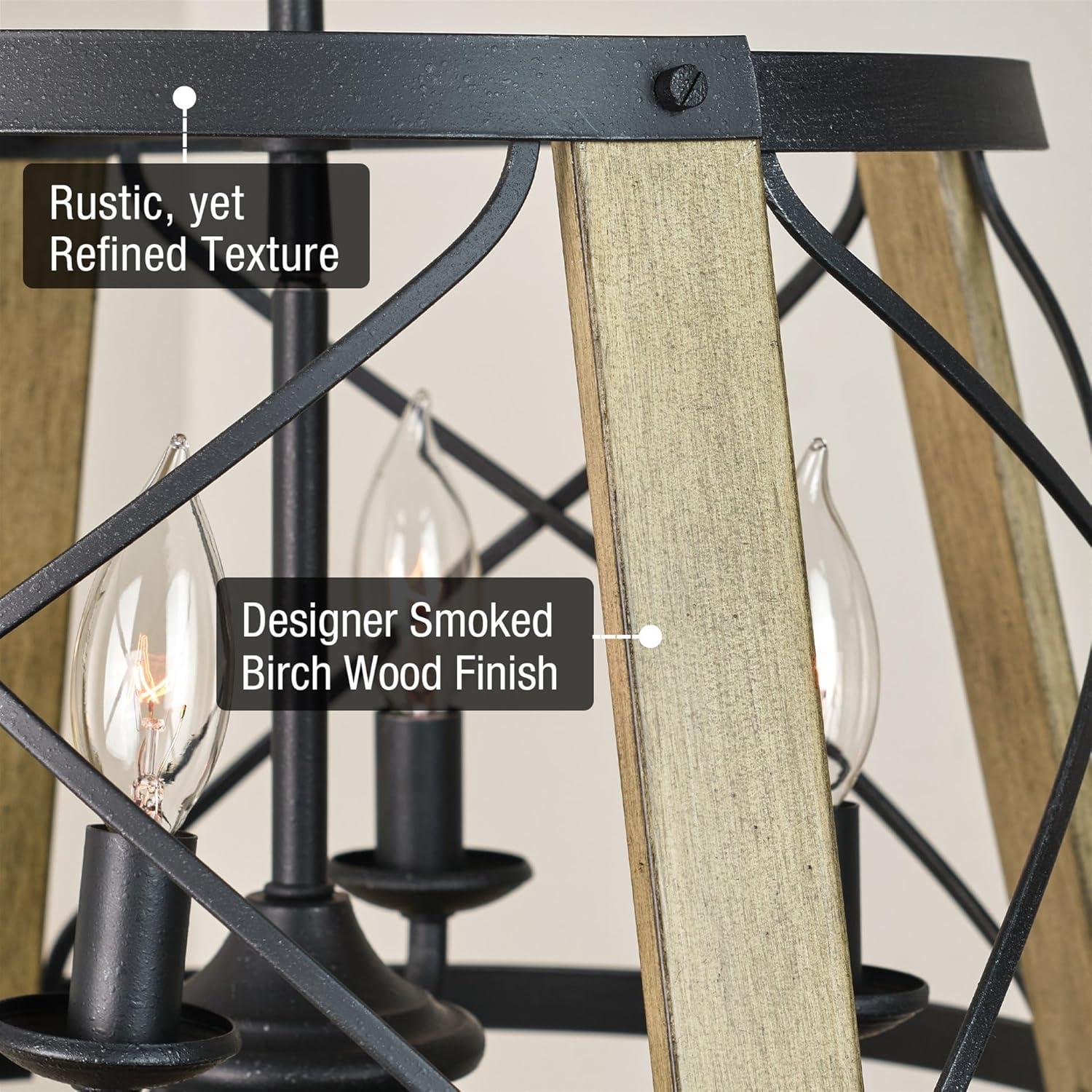 Kira Home Napa 18" Farmhouse Round Pendant Chandelier, Open Cage Design, Smoked Birch Wood, Perfect for Dining Rooms