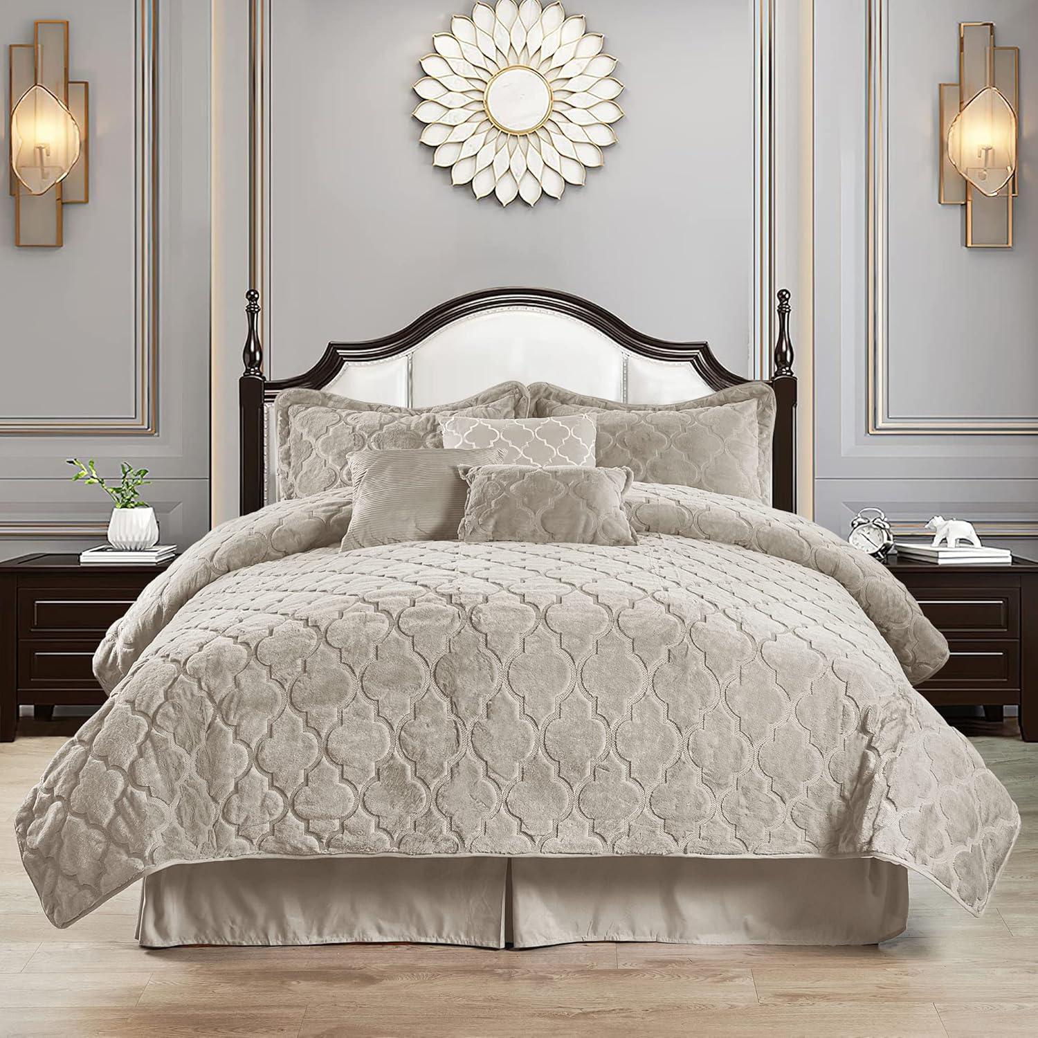 Serenta Faux Fur Ogee Embroidery 7 Piece Bedspread Quilts Set, King, Taupe
