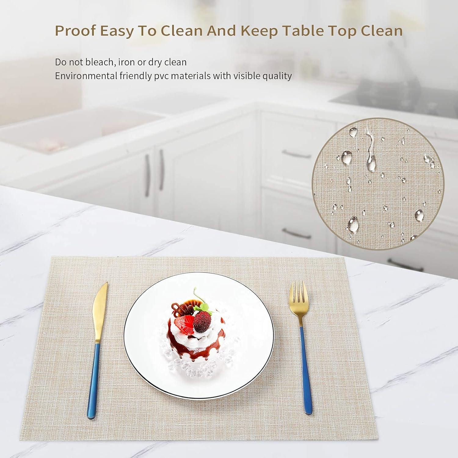 Set of 8 Heat-Resistant Placemats Stain Resistant Anti-Skid Placemats for Kitchen Table, Washable Durable PVC Table Mats Woven Vinyl Placemats Beige