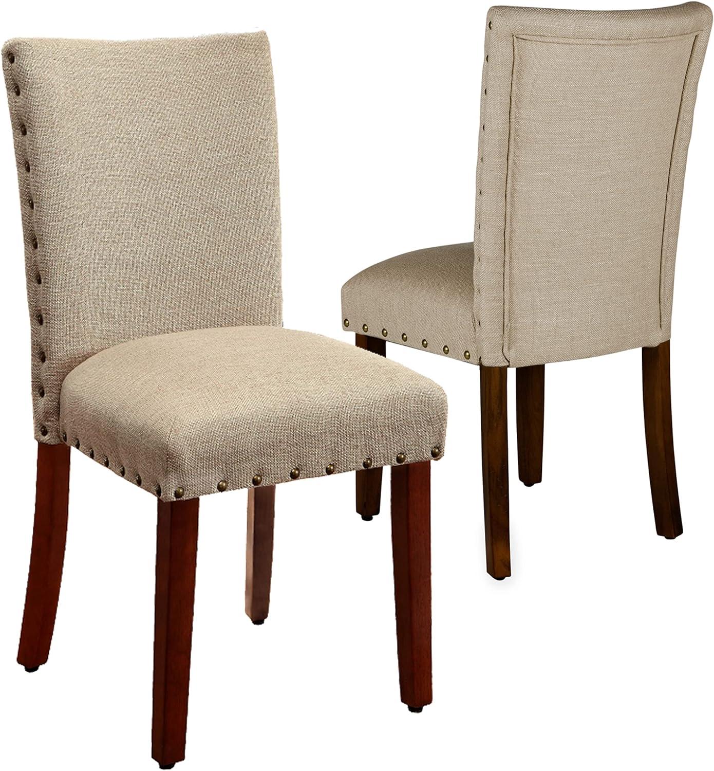 Tan Linen Upholstered Parsons Side Chair with Wood Legs