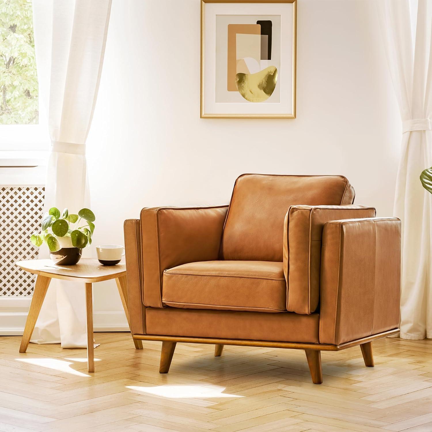 Cognac Tan Italian Leather Accent Chair with Mahogany Base